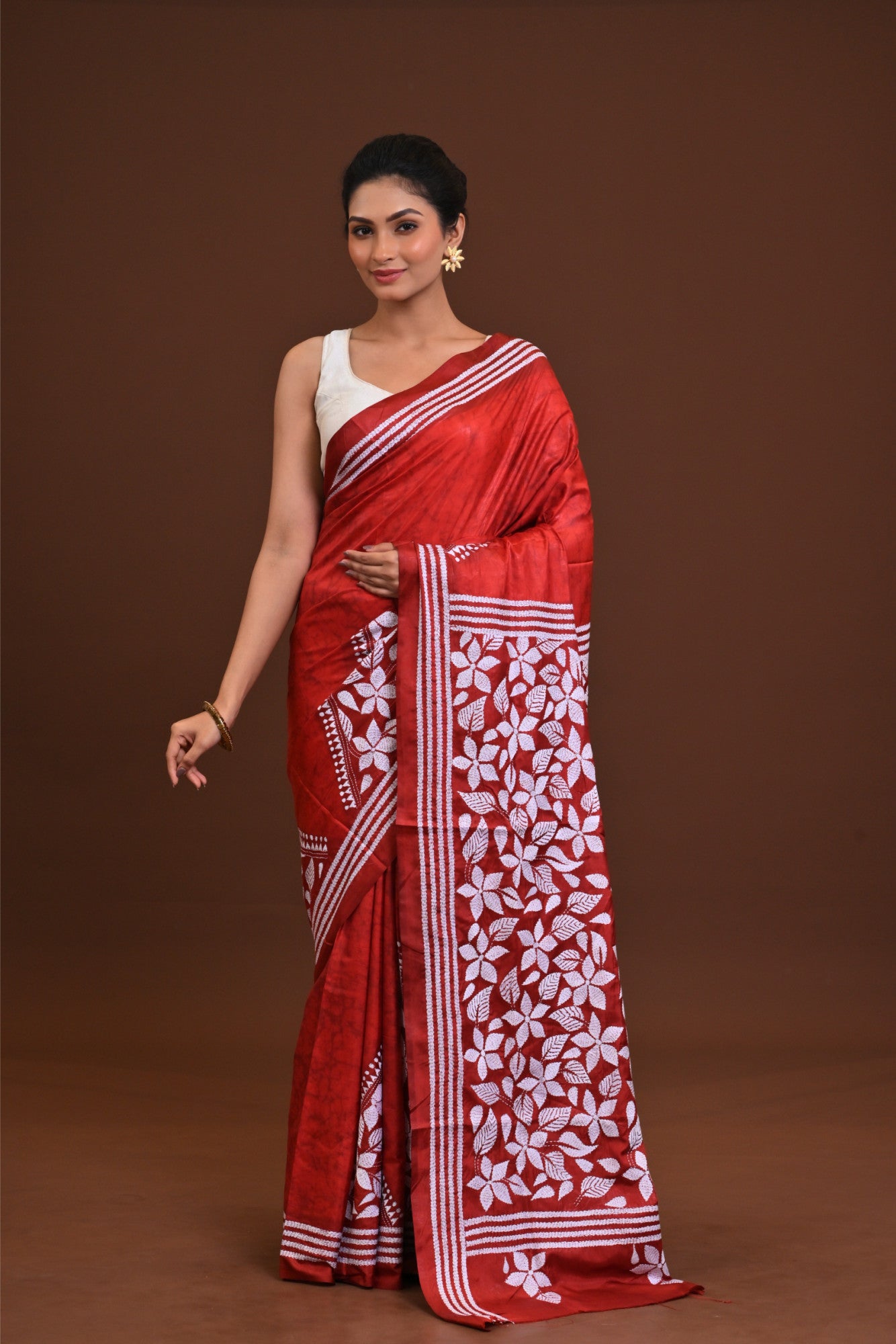 Blended Silk Kantha Stitch Saree Maroon Thumbnail