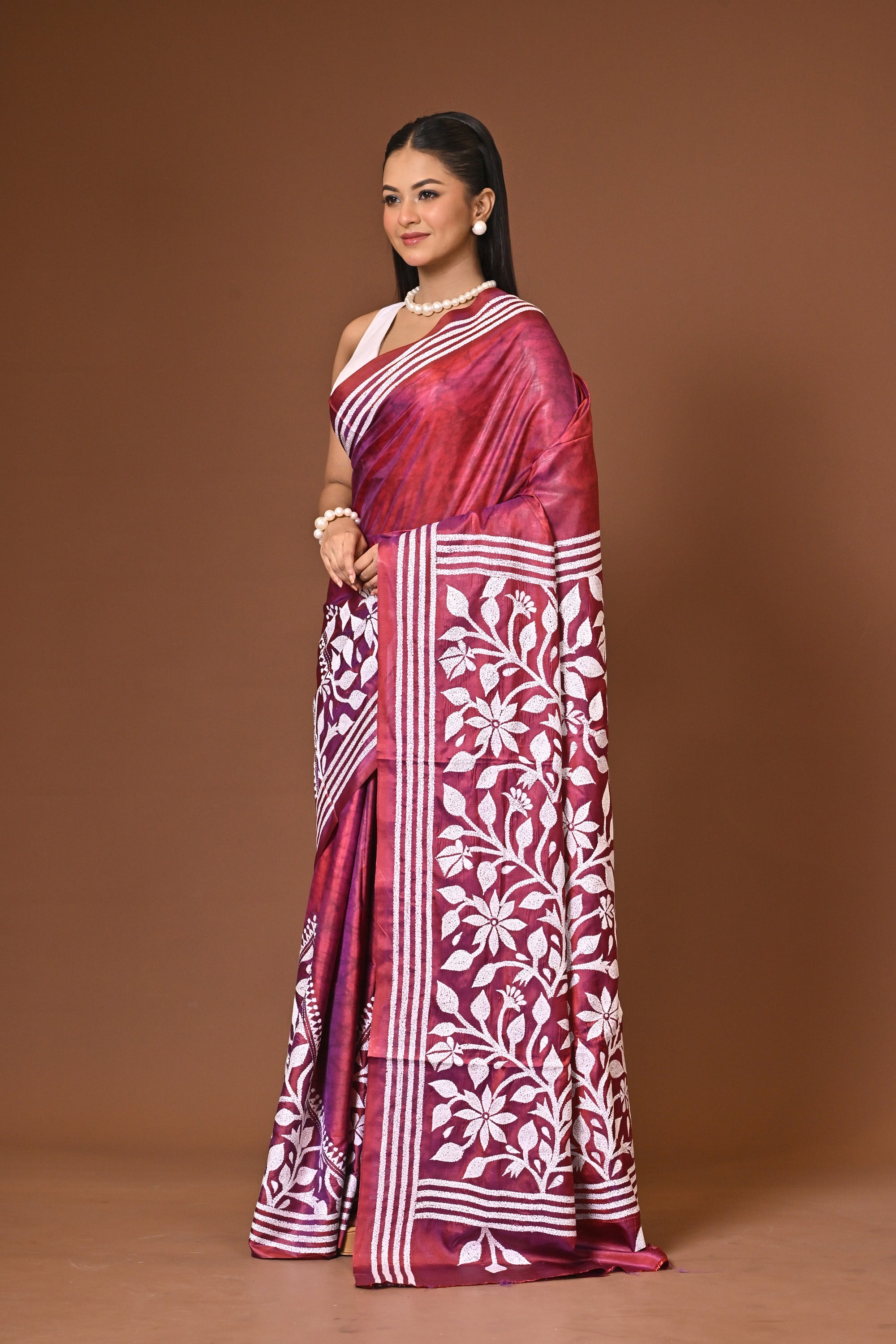 Blended Silk Kantha Stitch Saree Maroon Thumbnail