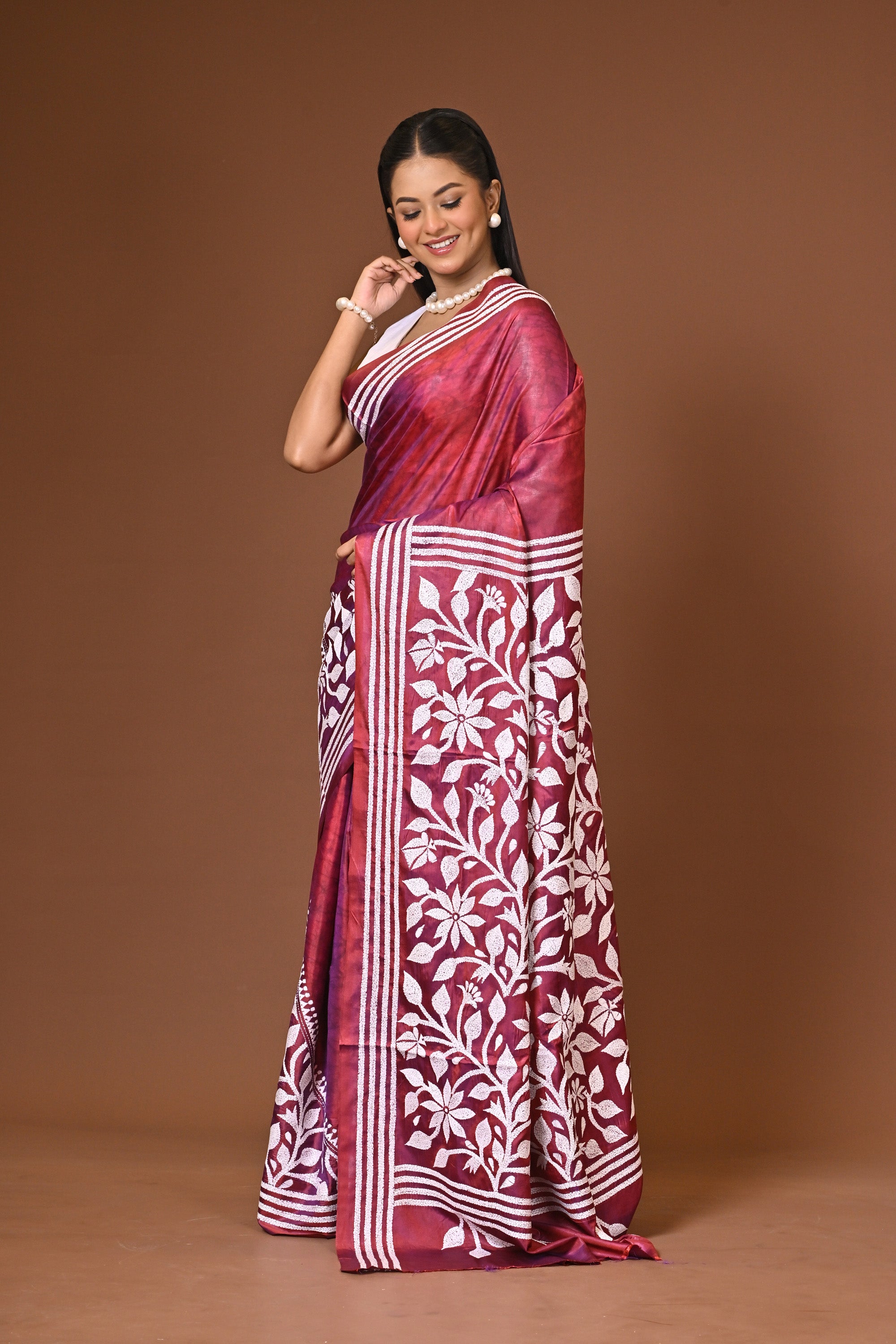 Blended Silk Kantha Stitch Saree Maroon Thumbnail