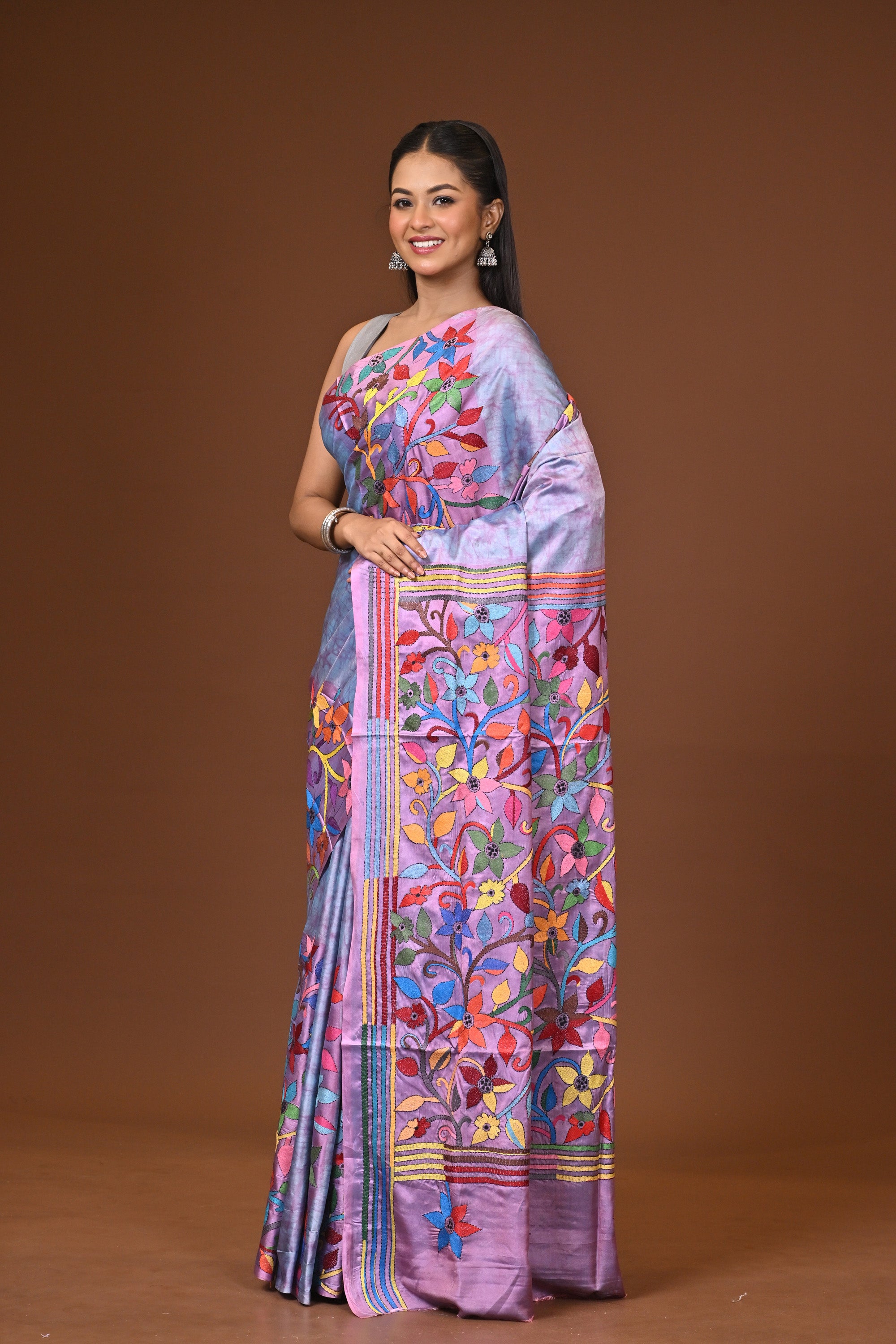 Blended Silk Kantha Stitch Saree Multicolor Thumbnail