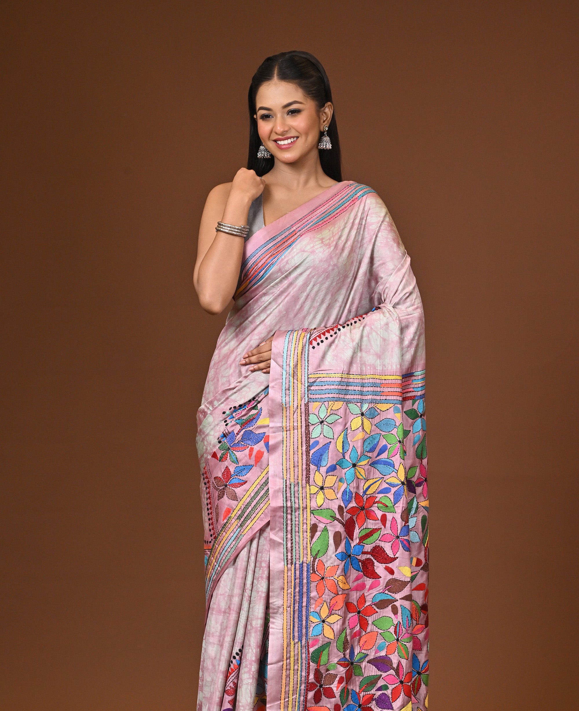 Blended Silk Kantha Stitch Saree Multicolor Thumbnail