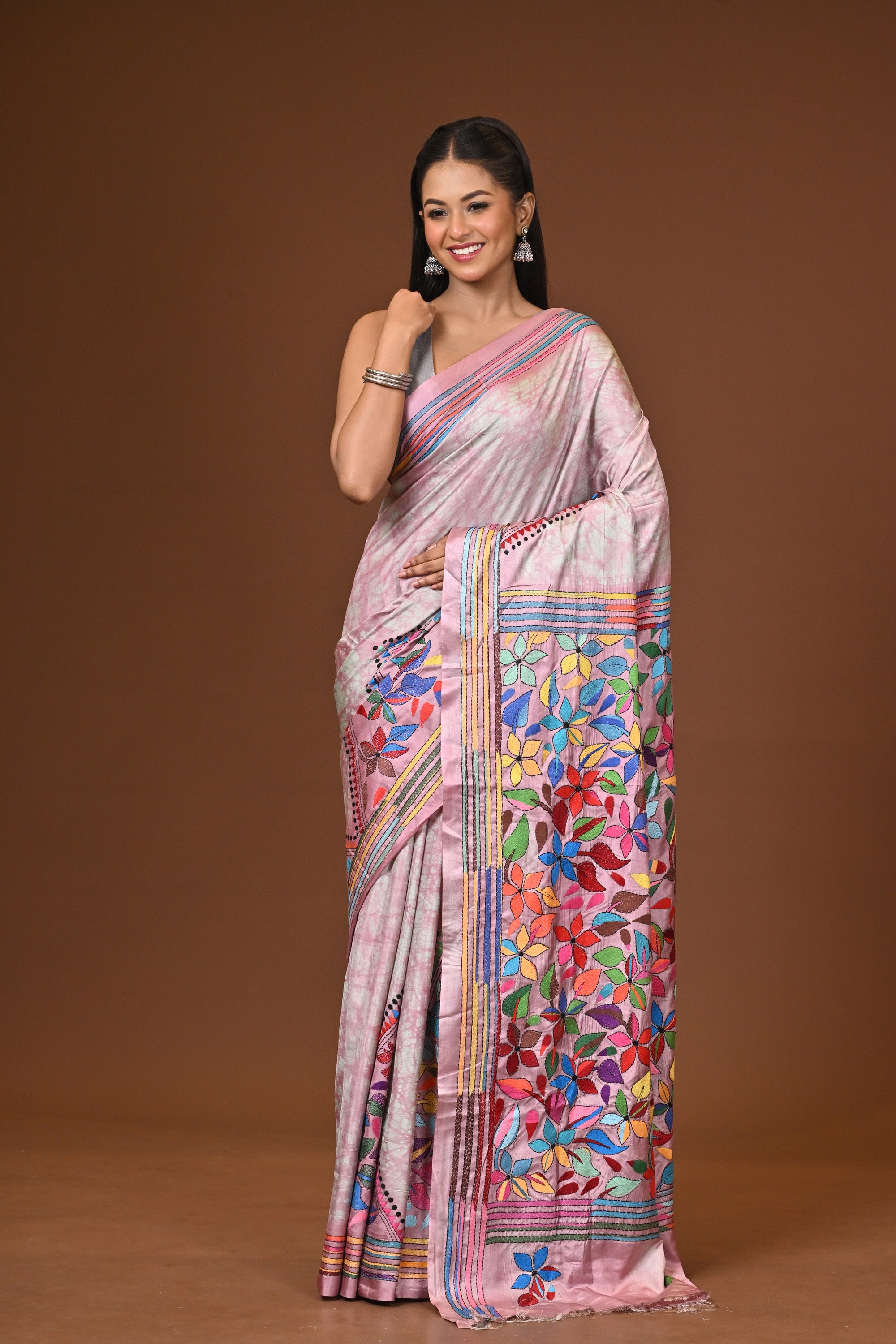Blended Silk Kantha Stitch Saree Multicolor Thumbnail