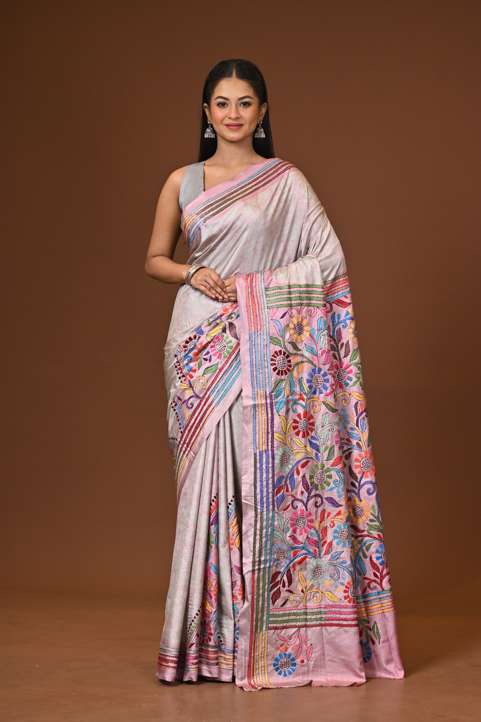 Blended Silk Kantha Stitch Saree Multicolor Thumbnail