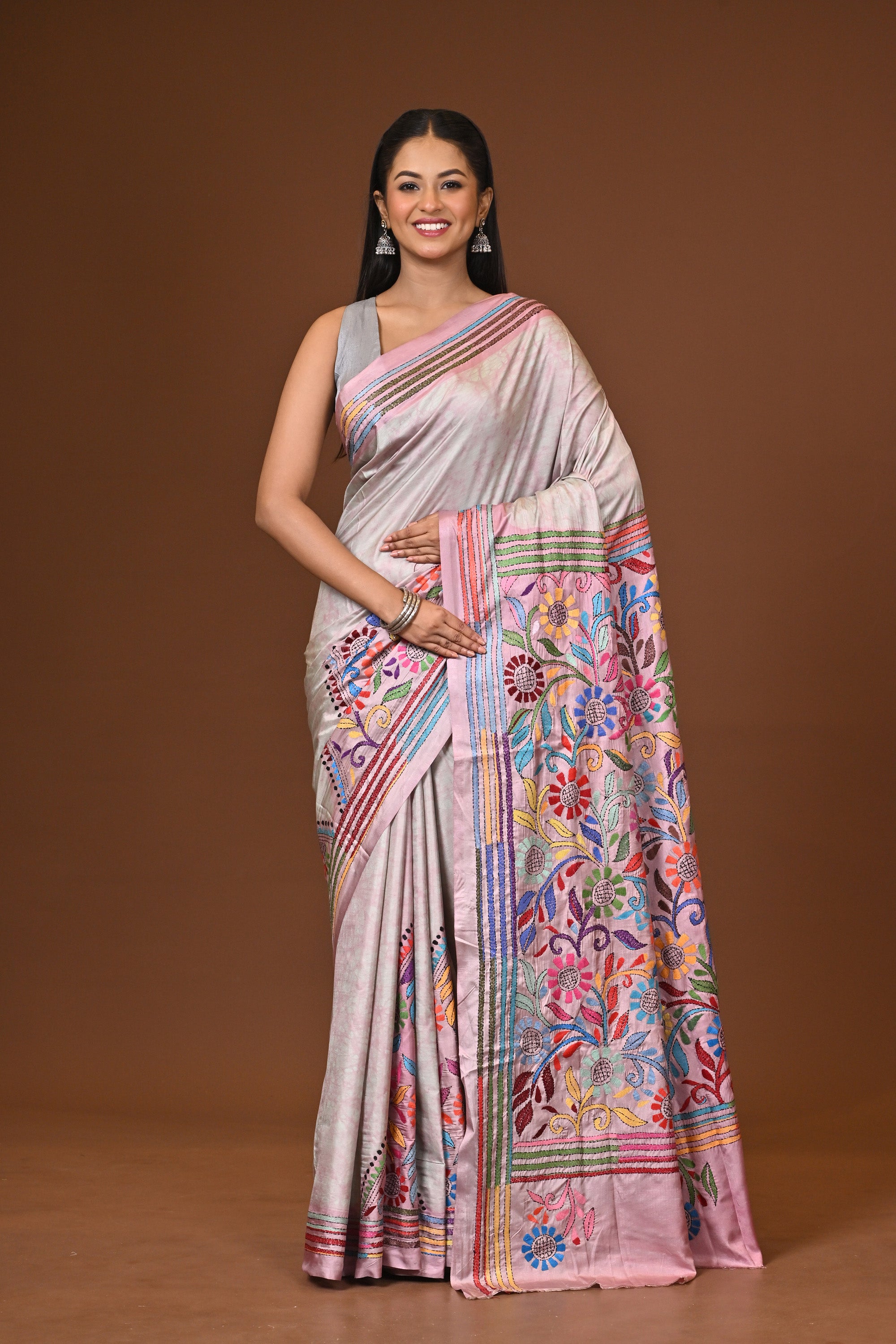 Blended Silk Kantha Stitch Saree Multicolor Thumbnail
