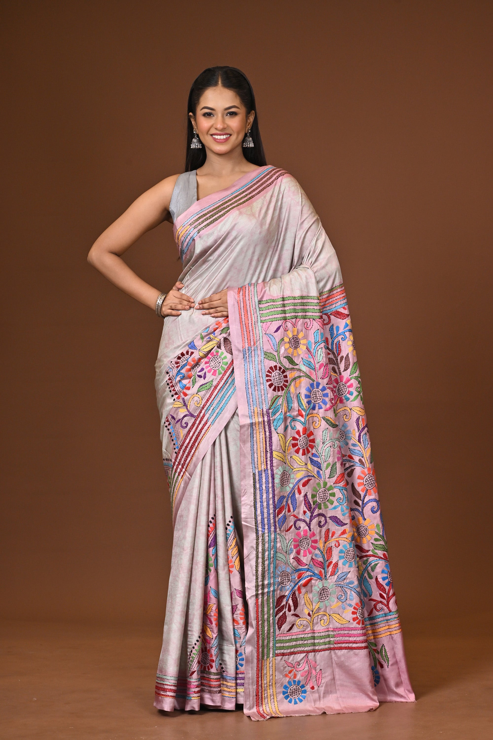 Blended Silk Kantha Stitch Saree Multicolor Thumbnail