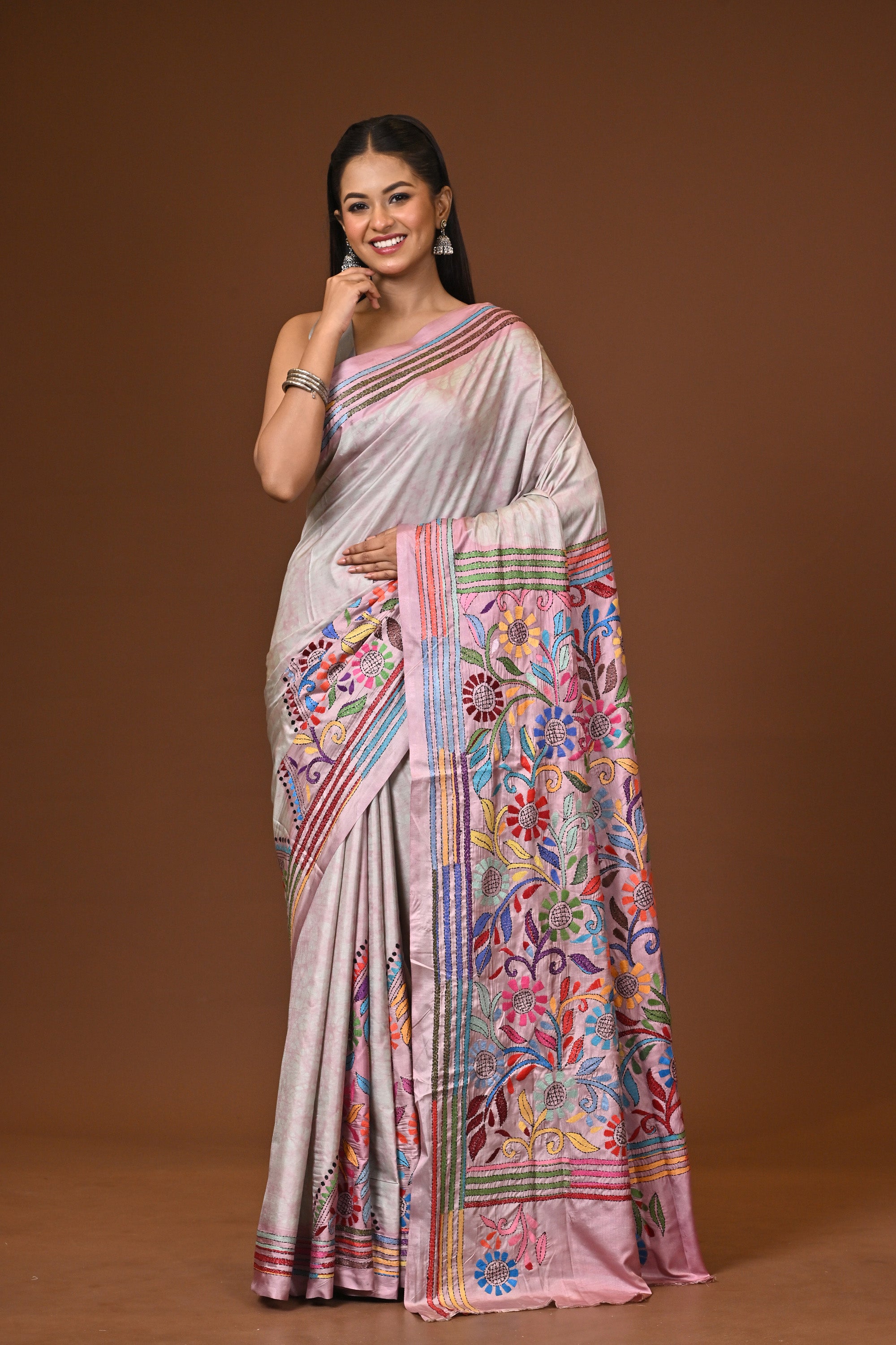 Blended Silk Kantha Stitch Saree Multicolor Thumbnail