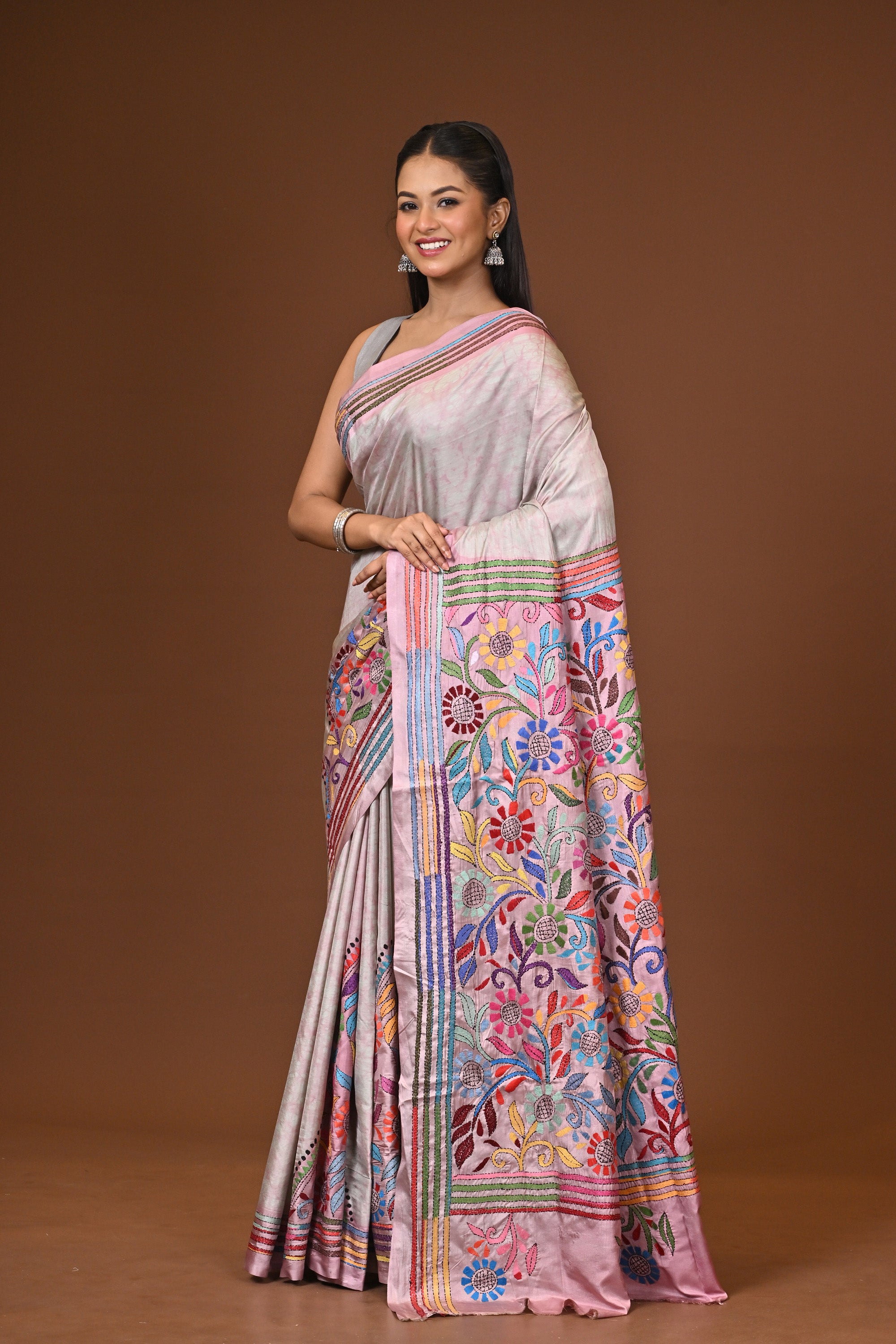 Blended Silk Kantha Stitch Saree Multicolor Thumbnail