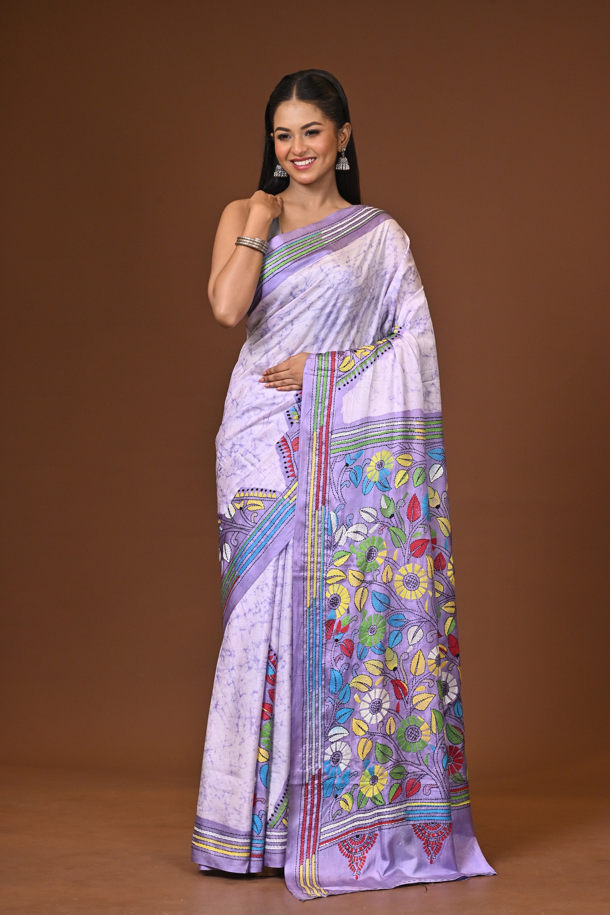 Blended Silk Kantha Stitch Saree Multicolor Thumbnail