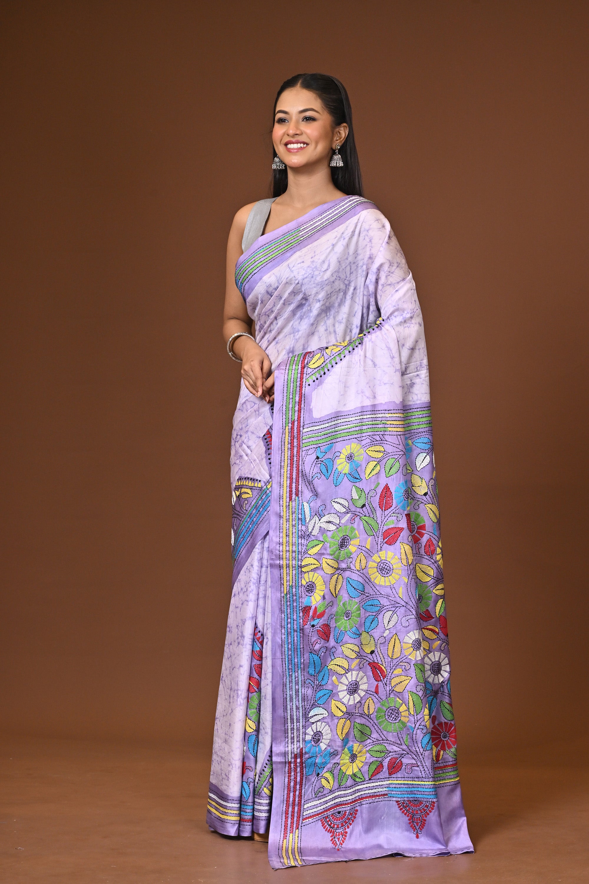 Blended Silk Kantha Stitch Saree Multicolor Thumbnail