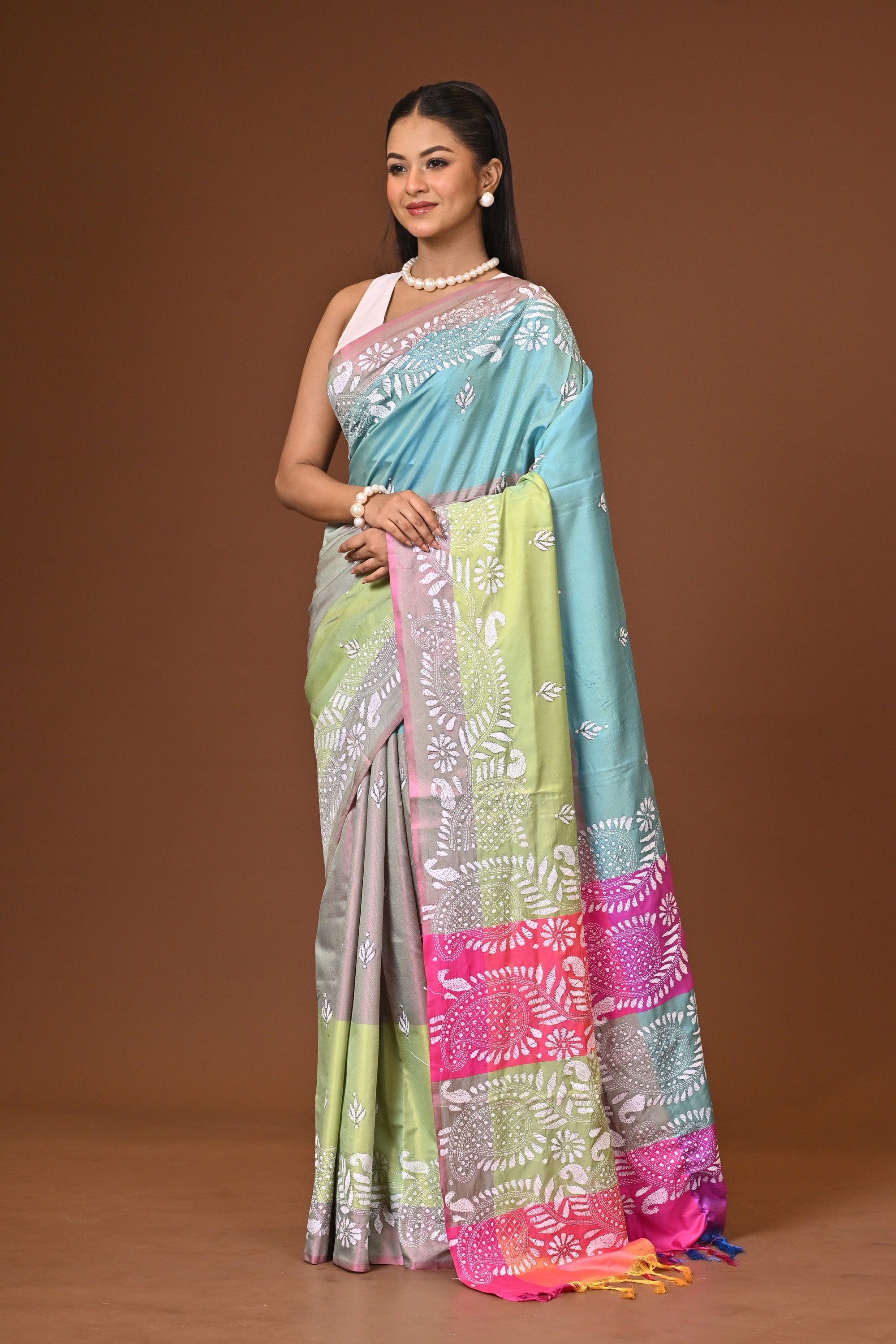 Blended Silk Kantha Stitch Saree Multicolor Thumbnail