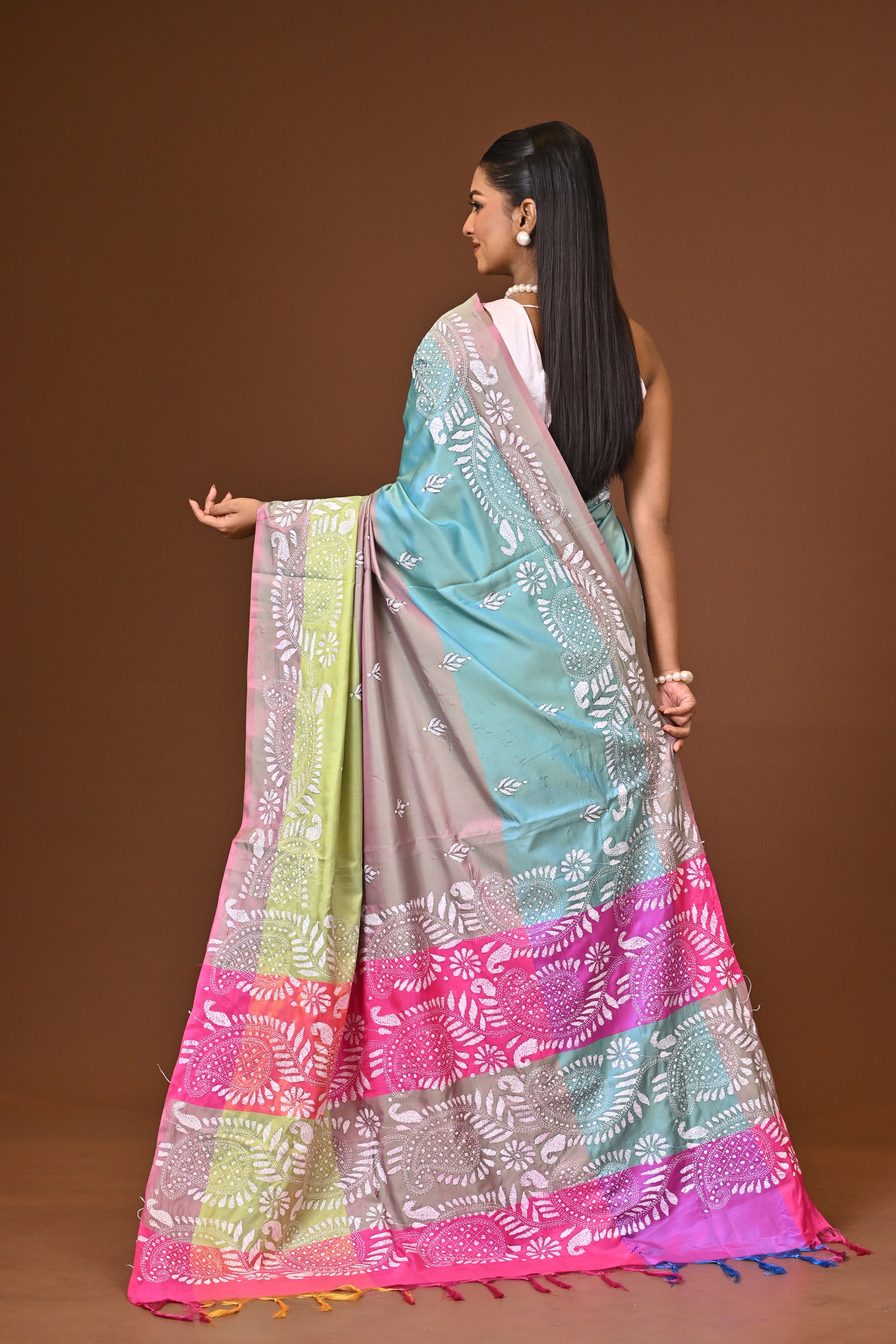 Blended Silk Kantha Stitch Saree Multicolor Thumbnail