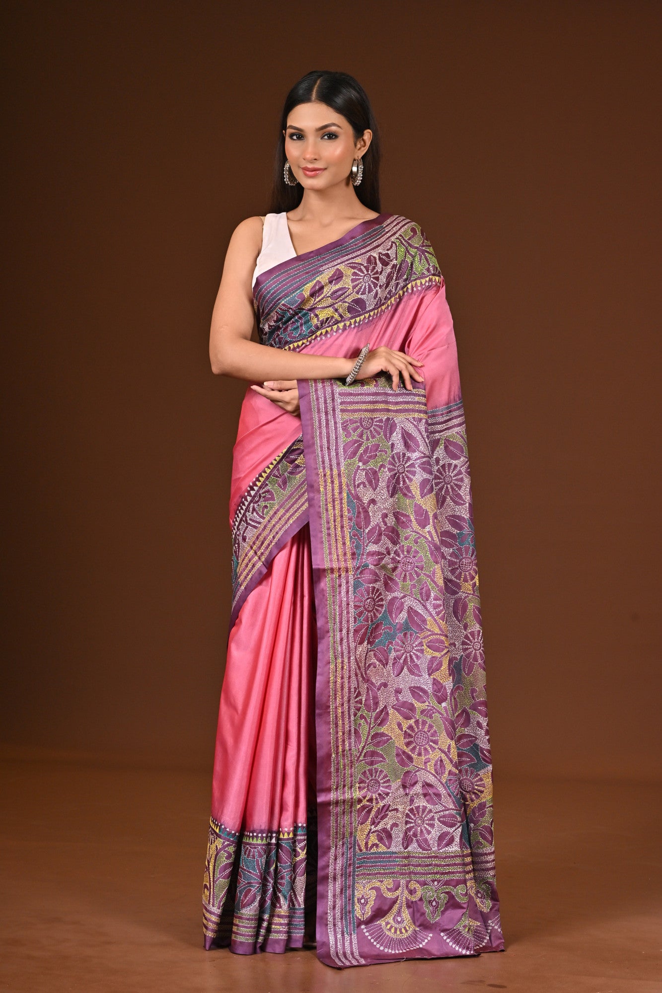 Blended Silk Kantha Stitch Saree Multicolor Thumbnail
