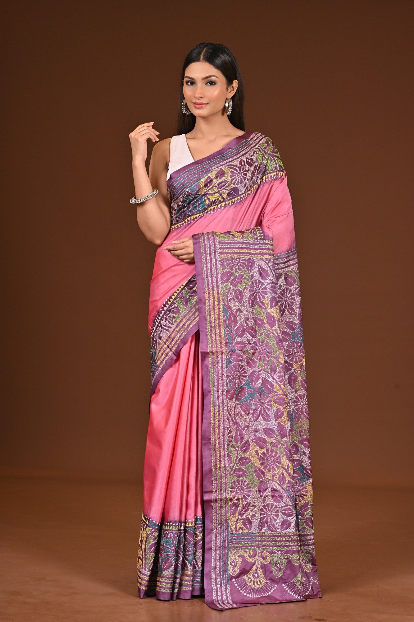 Blended Silk Kantha Stitch Saree Multicolor Thumbnail