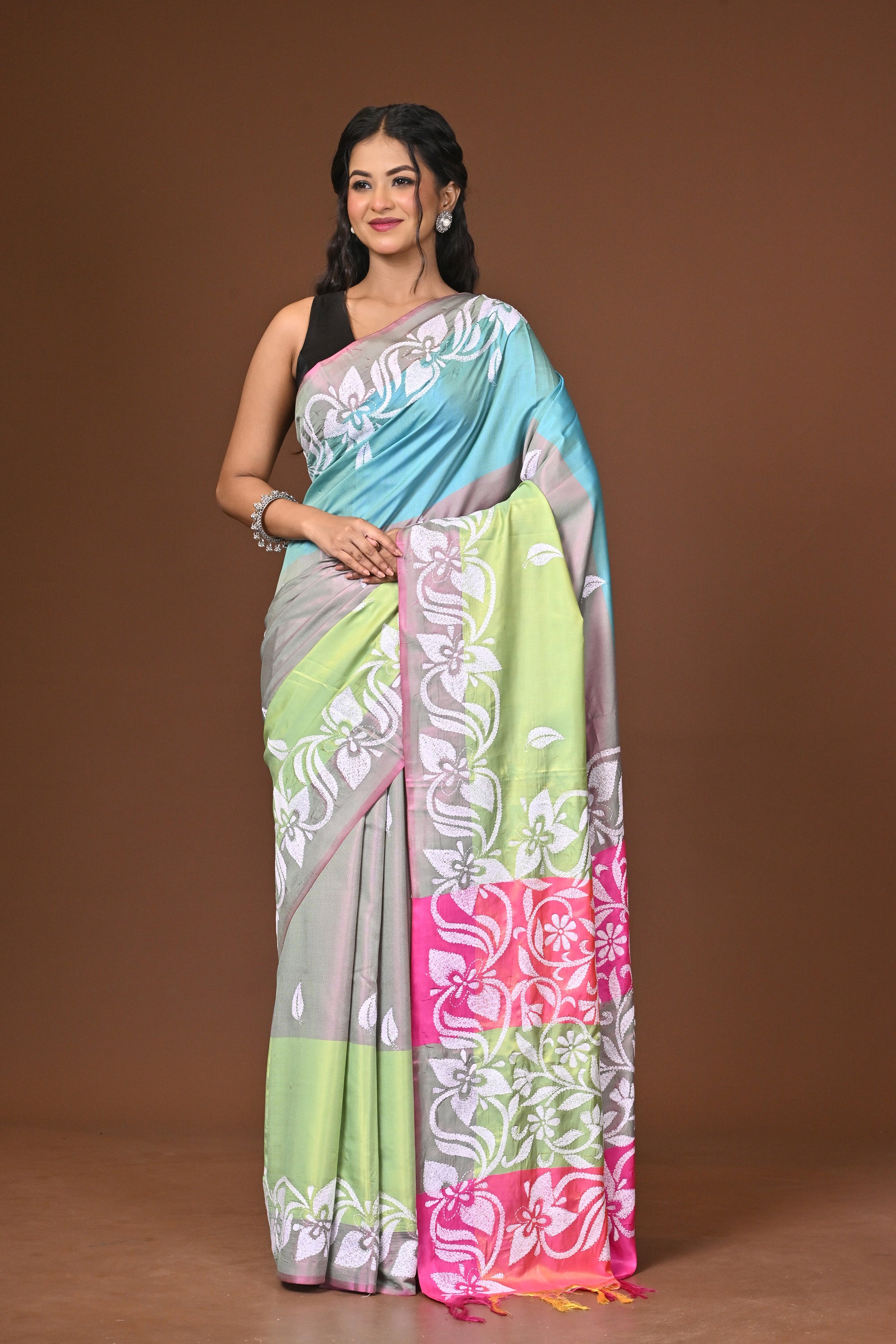 Blended Silk Kantha Stitch Saree Multicolor Thumbnail