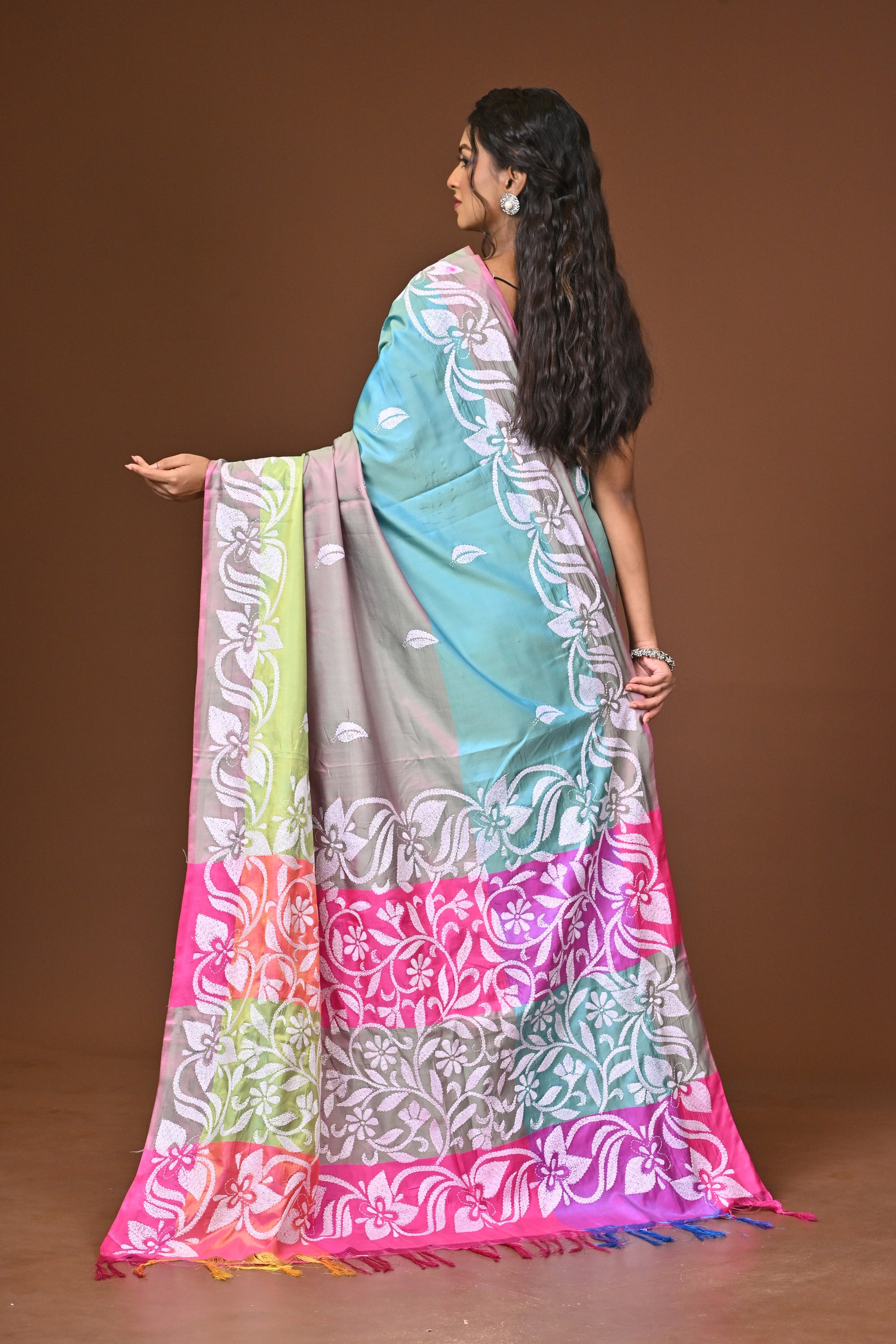 Blended Silk Kantha Stitch Saree Multicolor Thumbnail