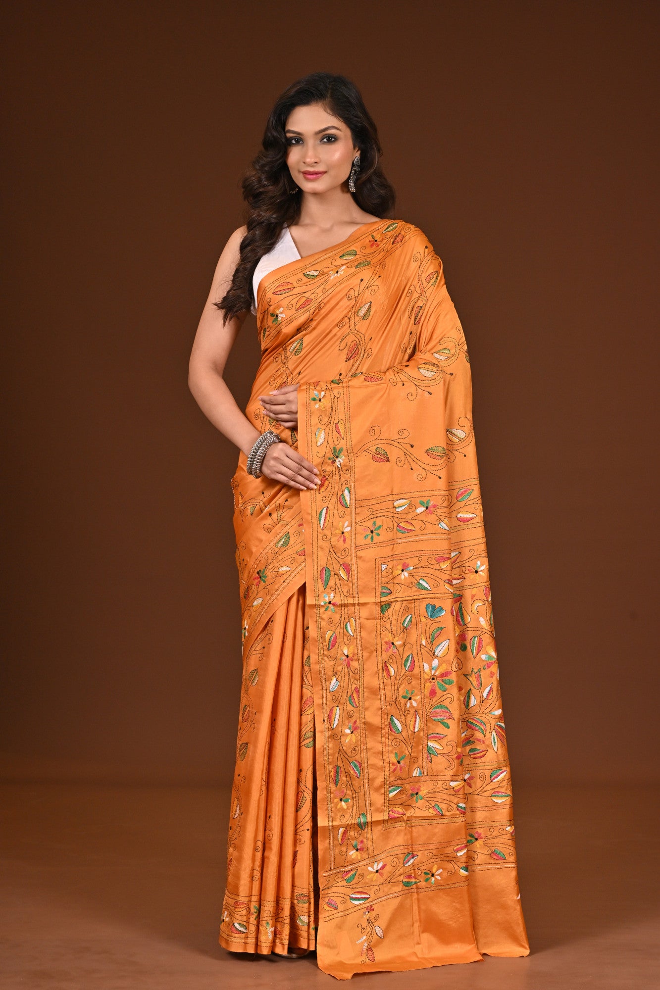 Blended Silk Kantha Stitch Saree Mustard Yeloow