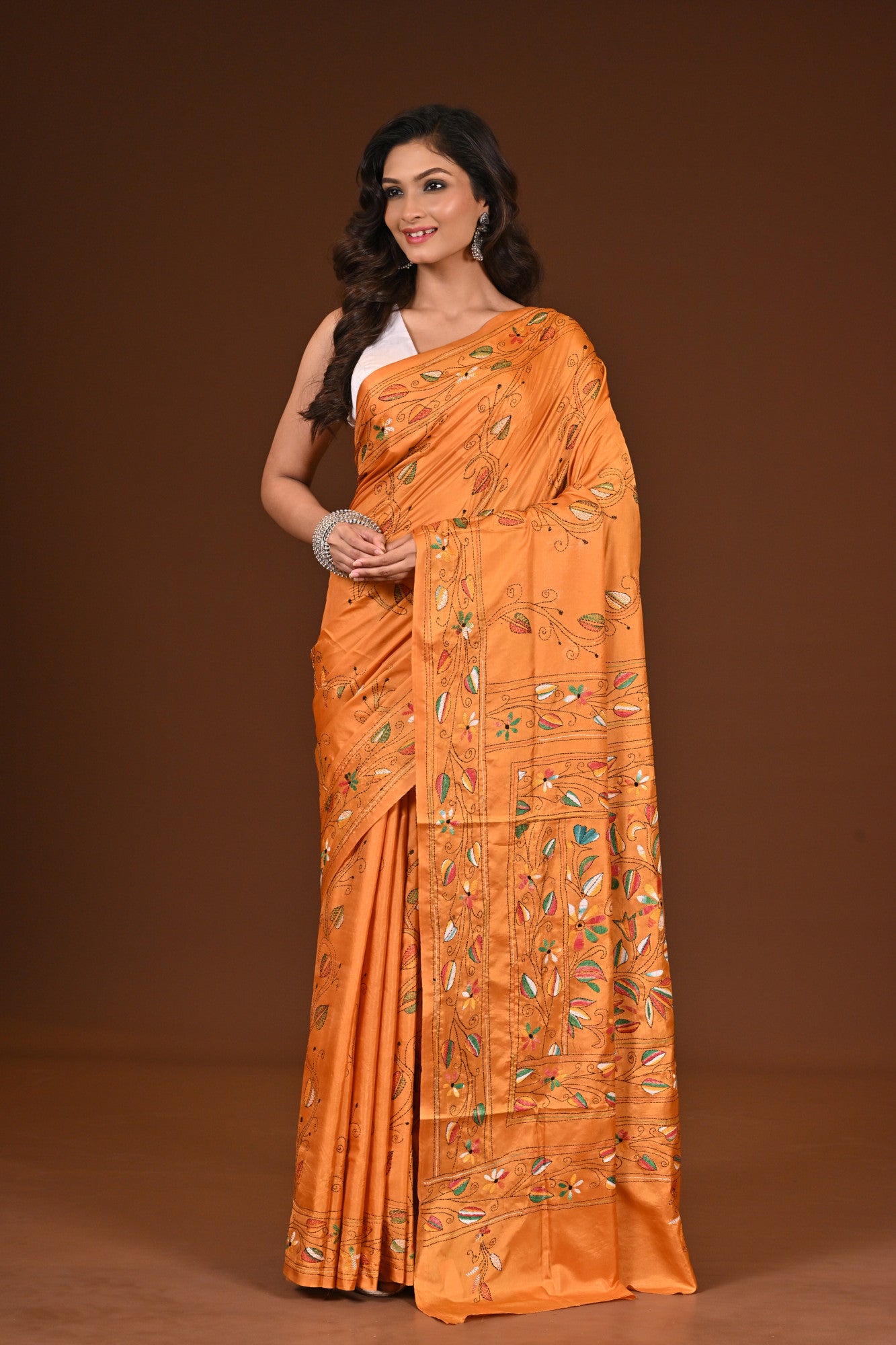 Blended Silk Kantha Stitch Saree Mustard Yeloow Thumbnail