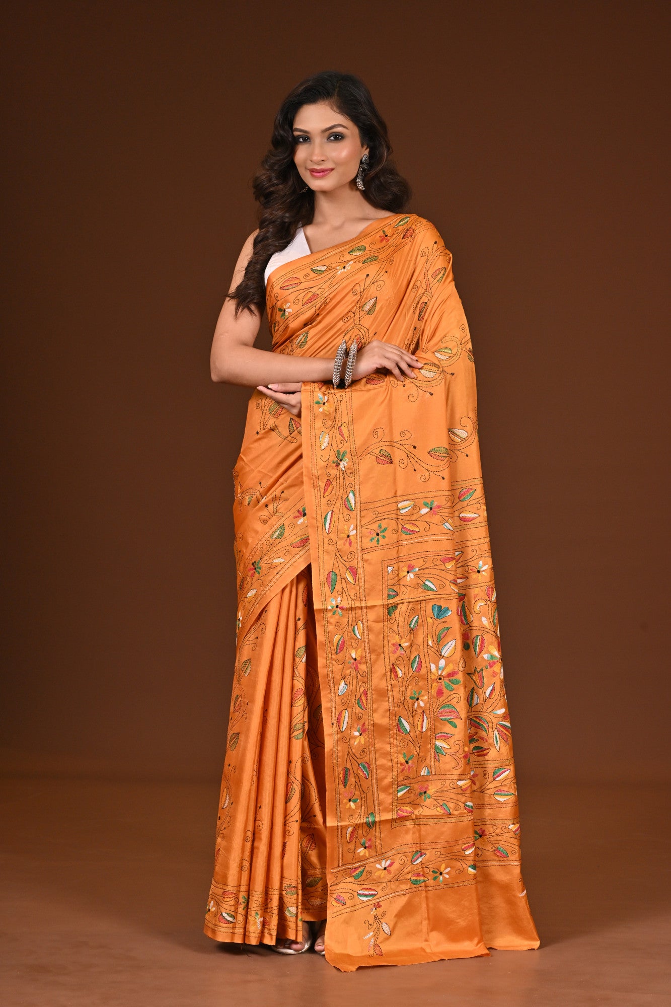 Blended Silk Kantha Stitch Saree Mustard Yeloow Thumbnail