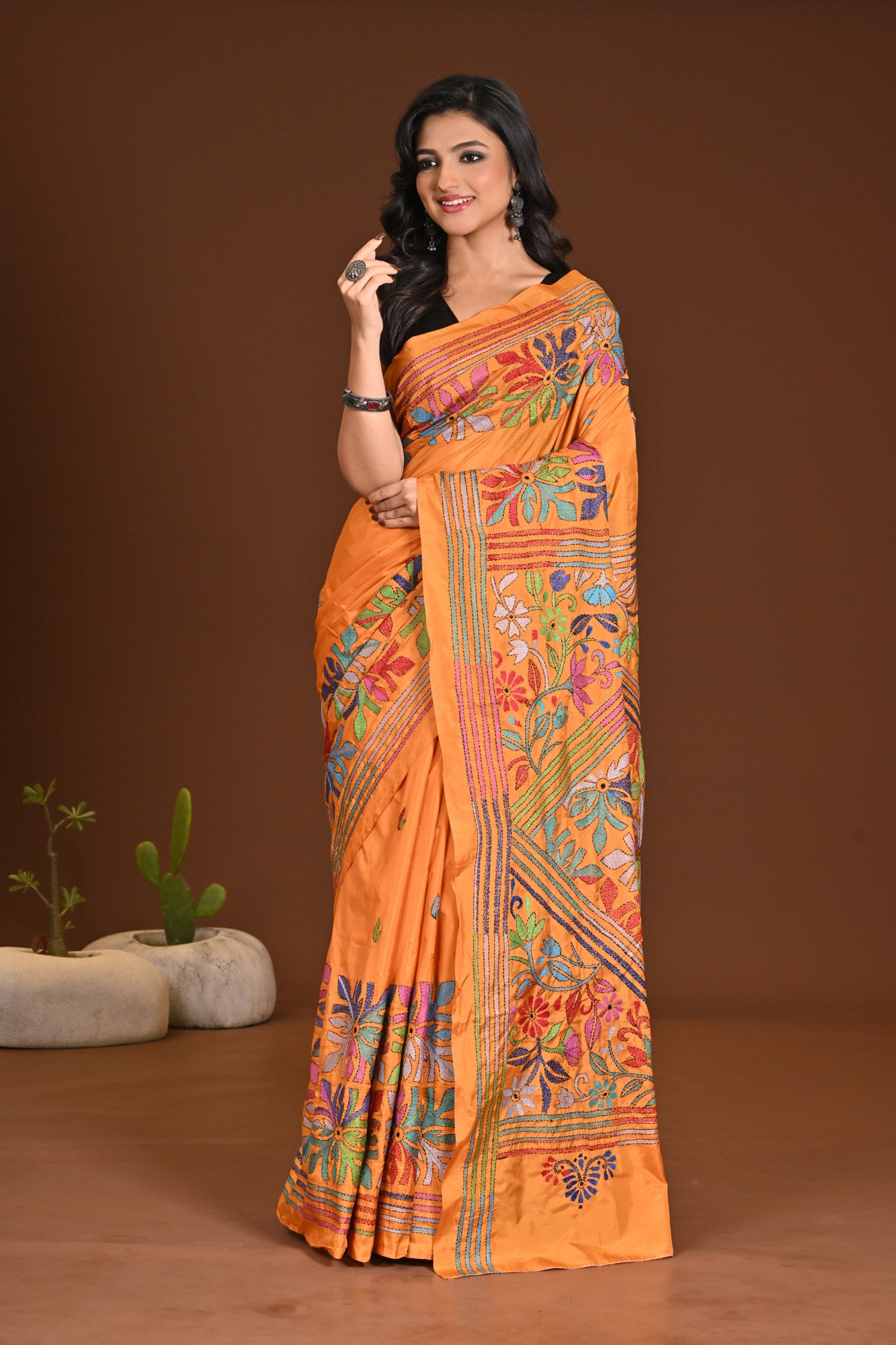 Blended Silk Kantha Stitch Saree Mustard Thumbnail