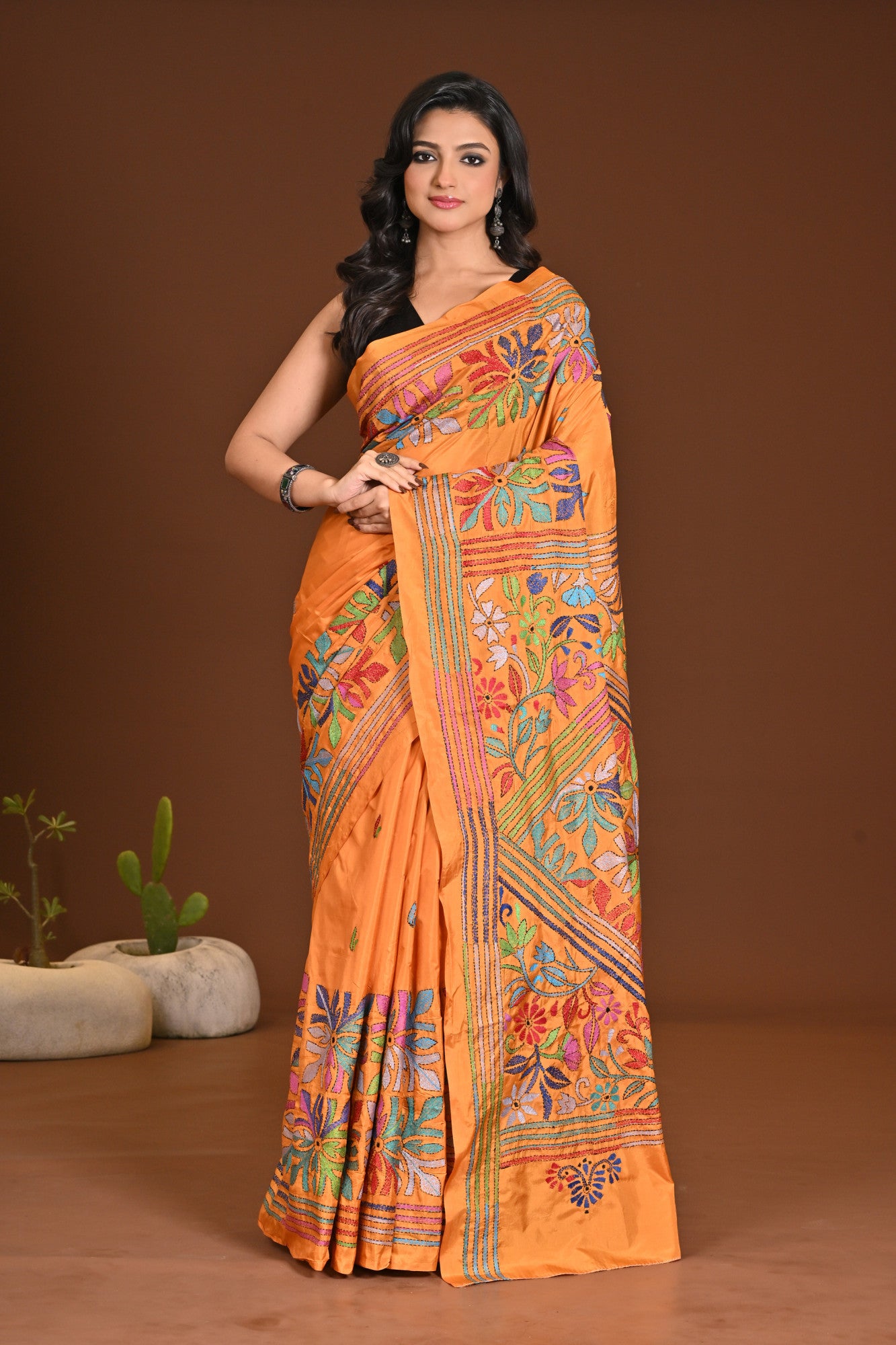 Blended Silk Kantha Stitch Saree Mustard Thumbnail