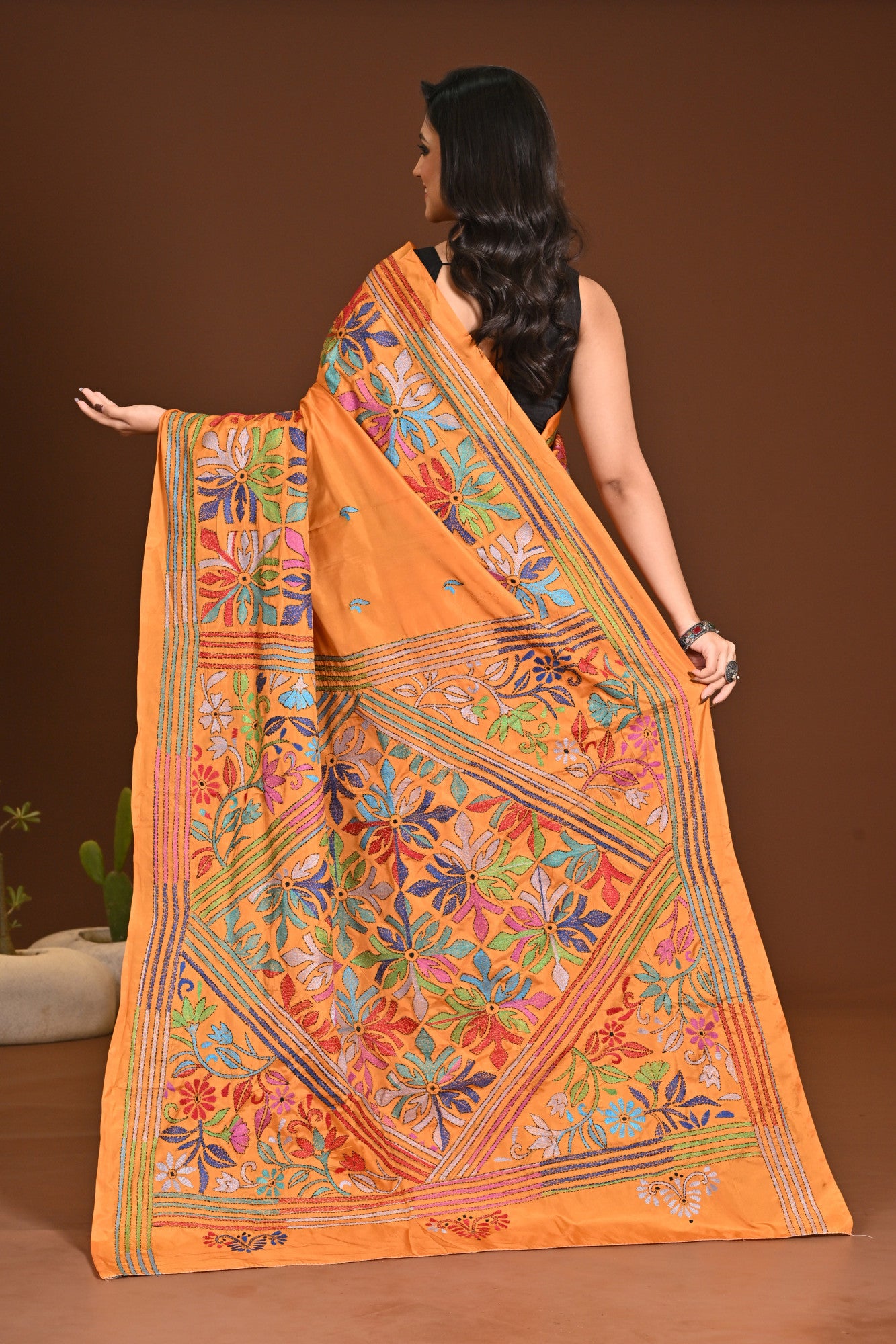 Blended Silk Kantha Stitch Saree Mustard Thumbnail
