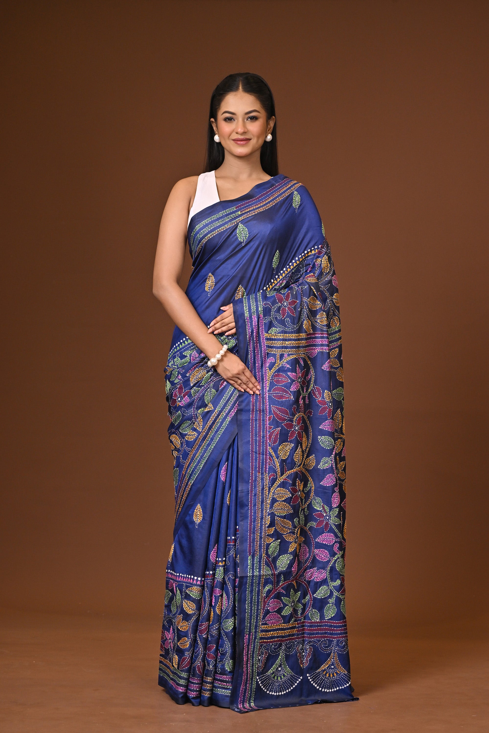 Blended Silk Kantha Stitch Saree Navy Blue Thumbnail