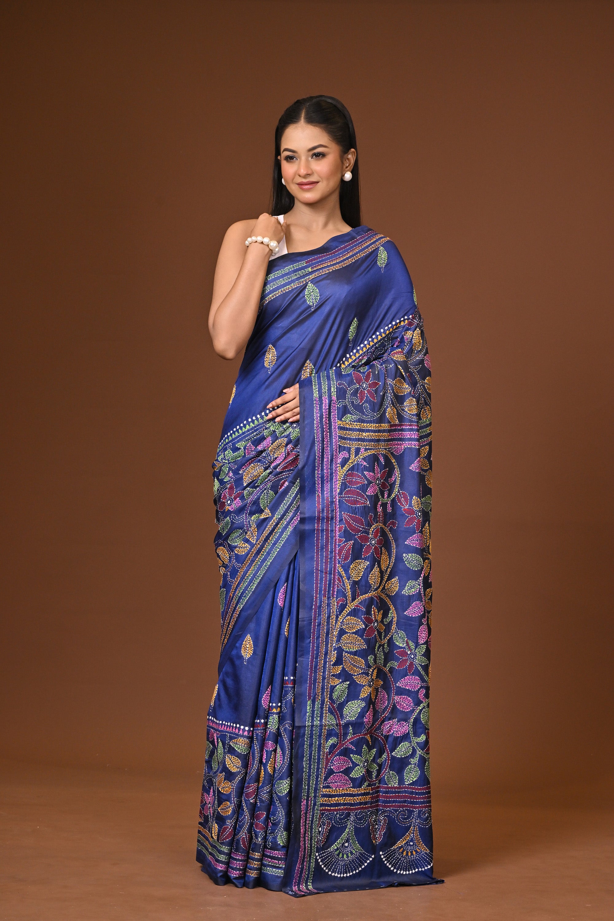 Blended Silk Kantha Stitch Saree Navy Blue Thumbnail
