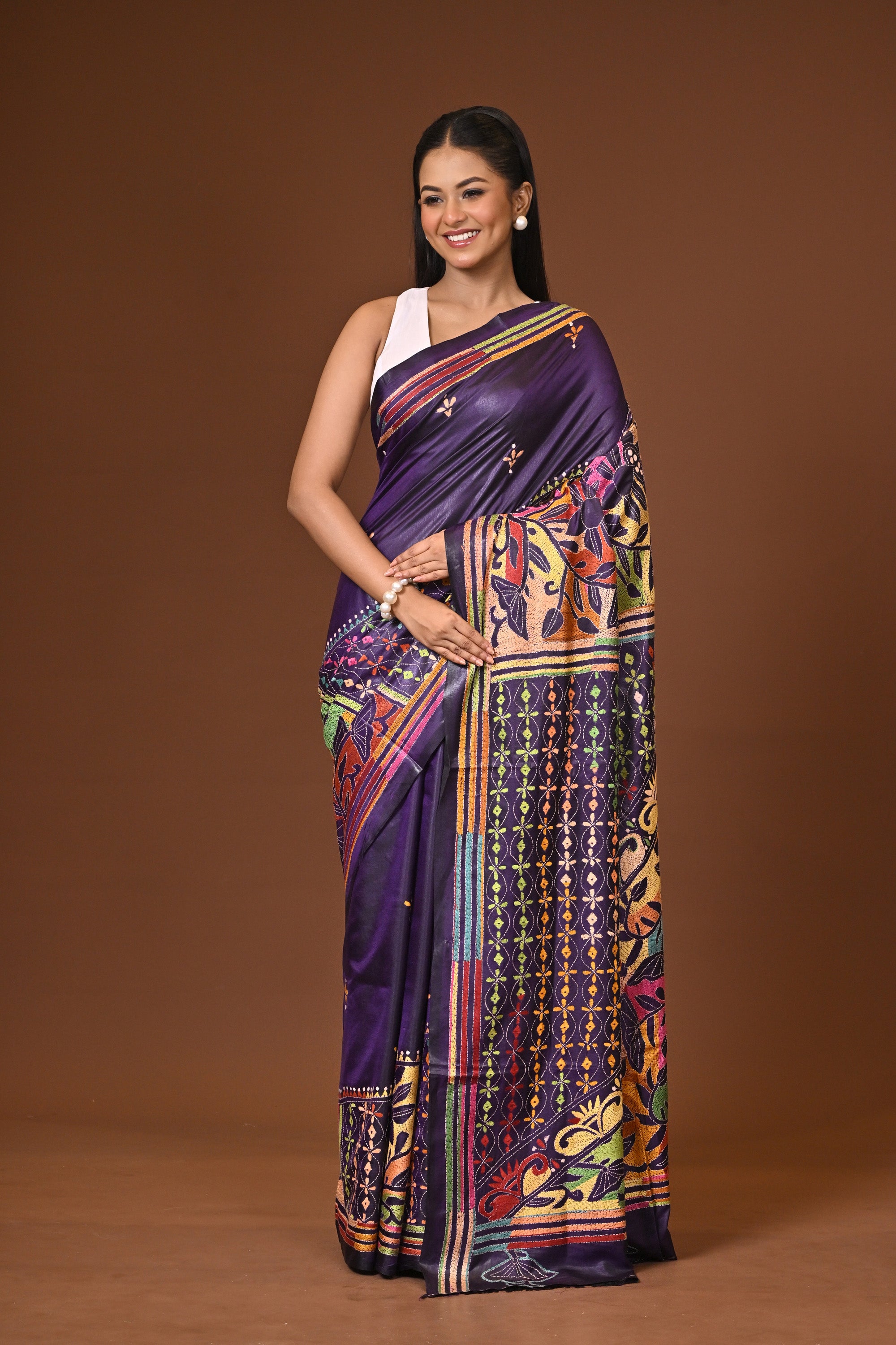 Blended Silk Kantha Stitch Saree Navy Blue Thumbnail