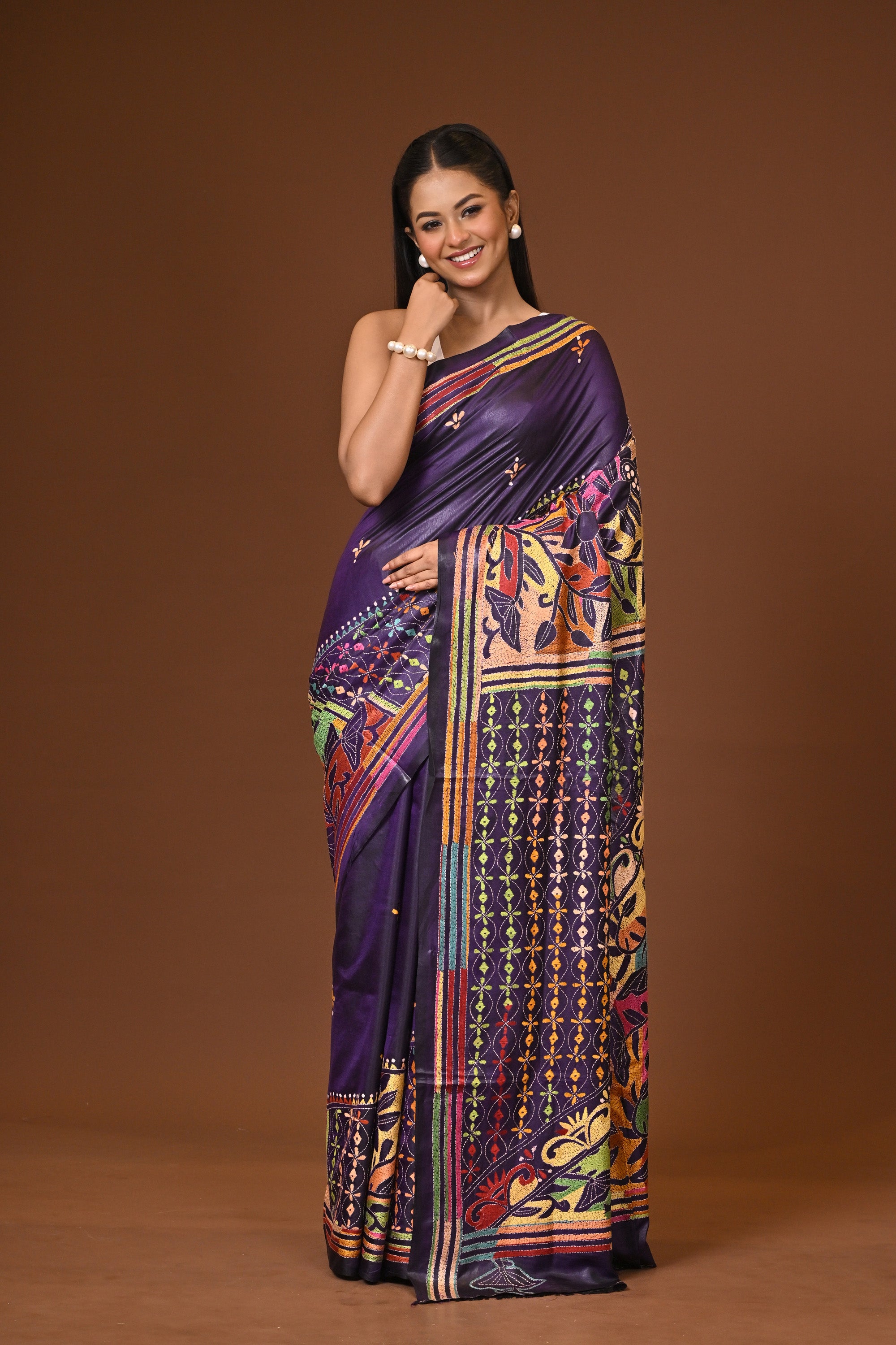 Blended Silk Kantha Stitch Saree Navy Blue Thumbnail