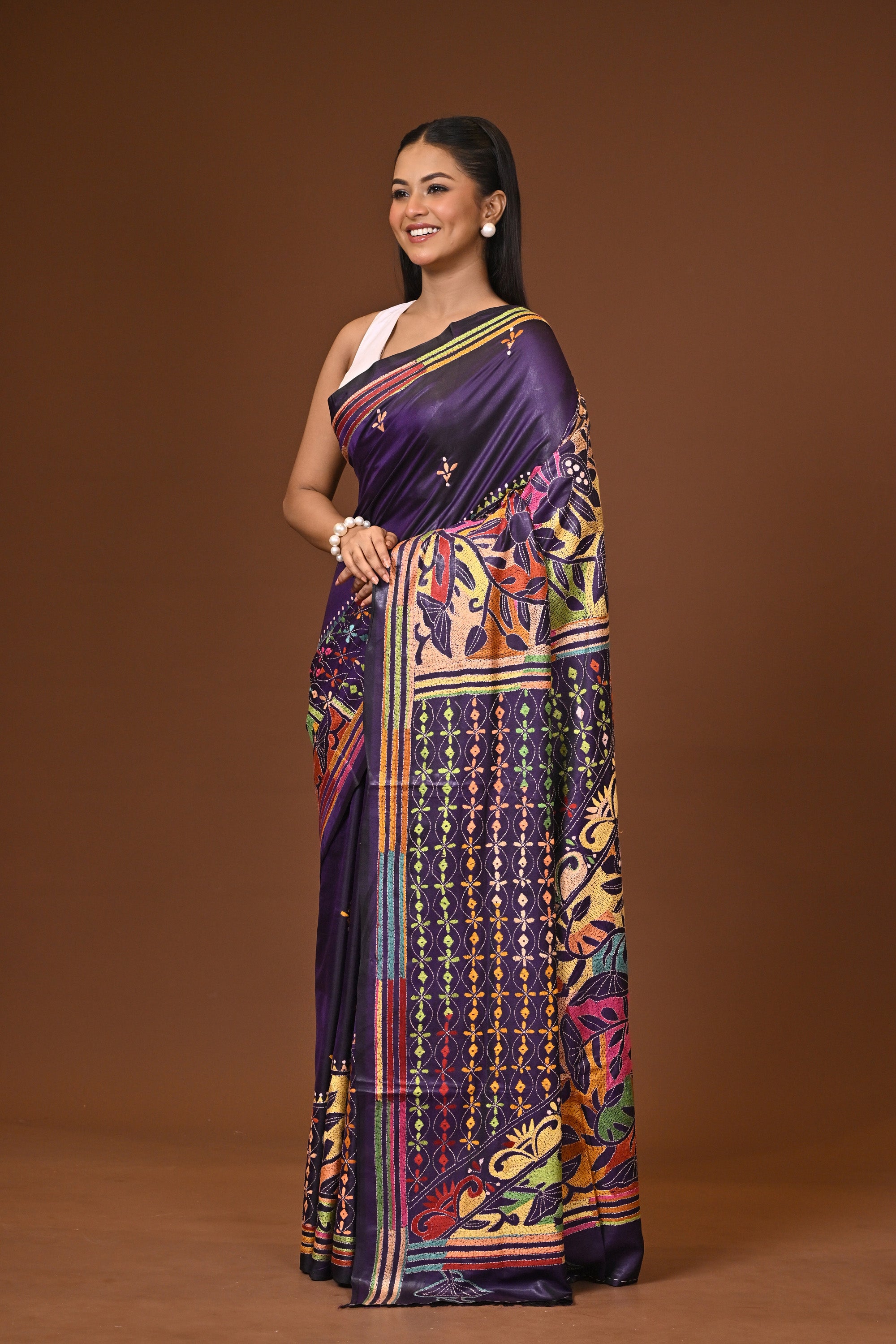 Blended Silk Kantha Stitch Saree Navy Blue Thumbnail
