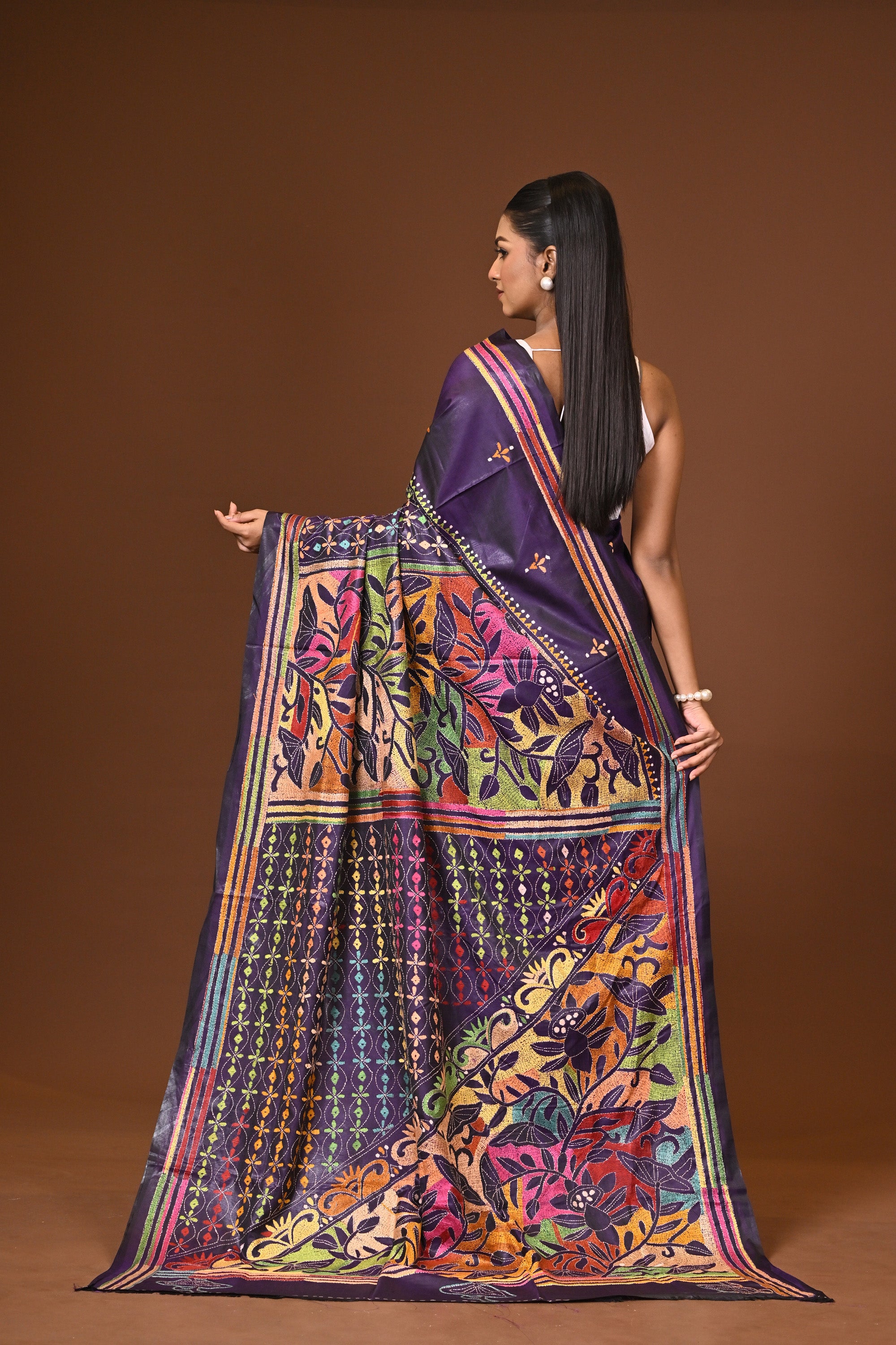 Blended Silk Kantha Stitch Saree Navy Blue Thumbnail