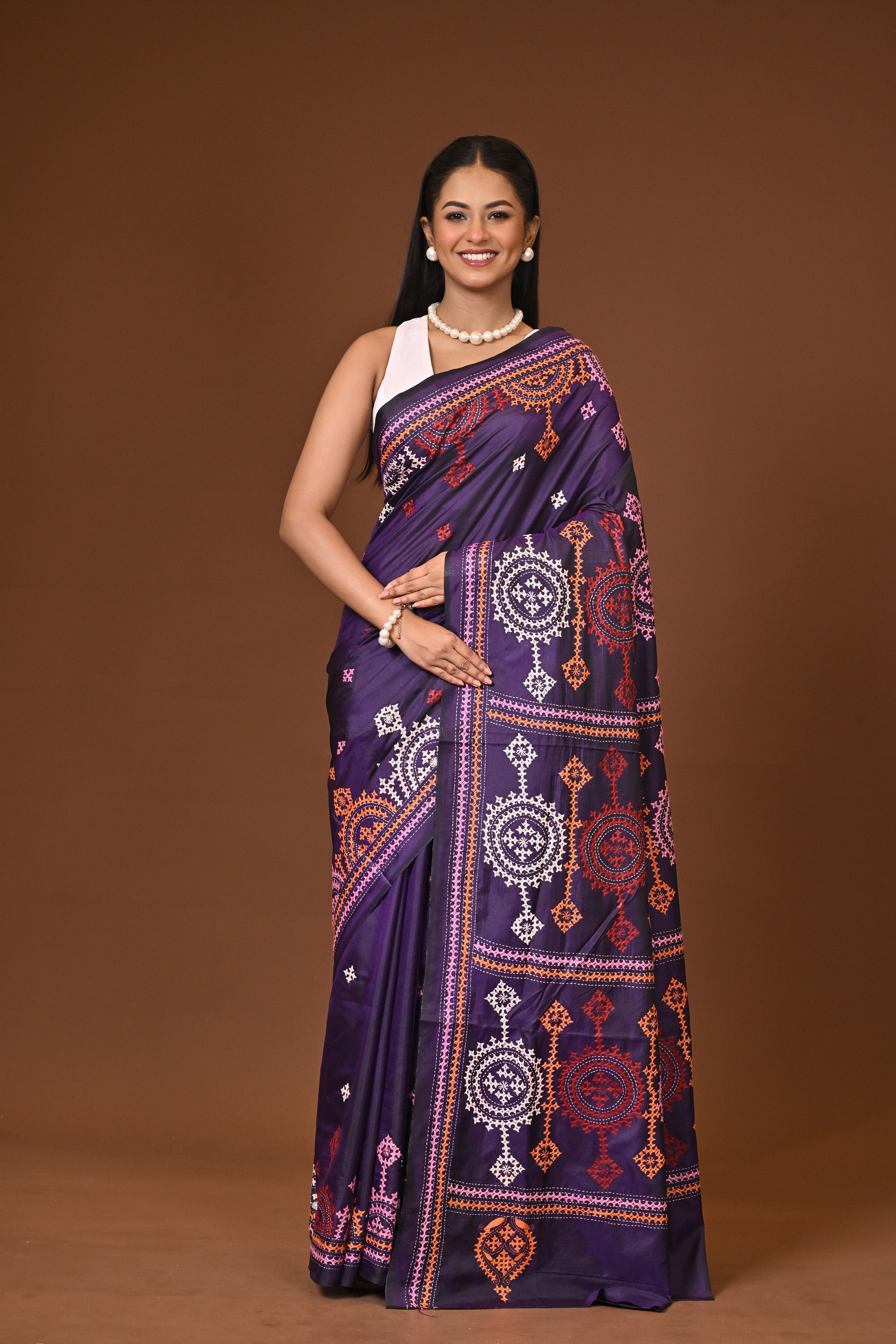 Blended Silk Kantha Stitch Saree Navy Blue