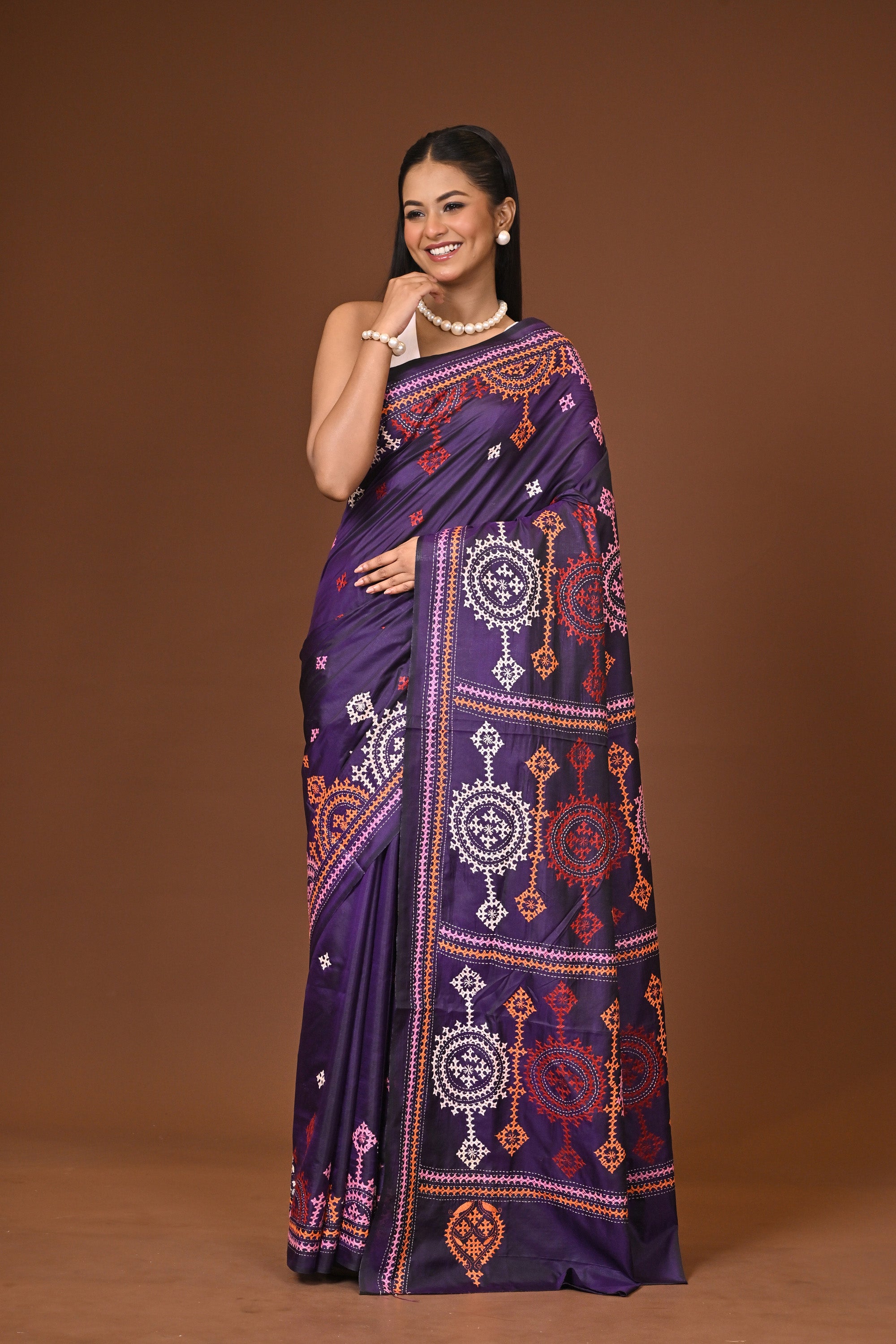 Blended Silk Kantha Stitch Saree Navy Blue Thumbnail