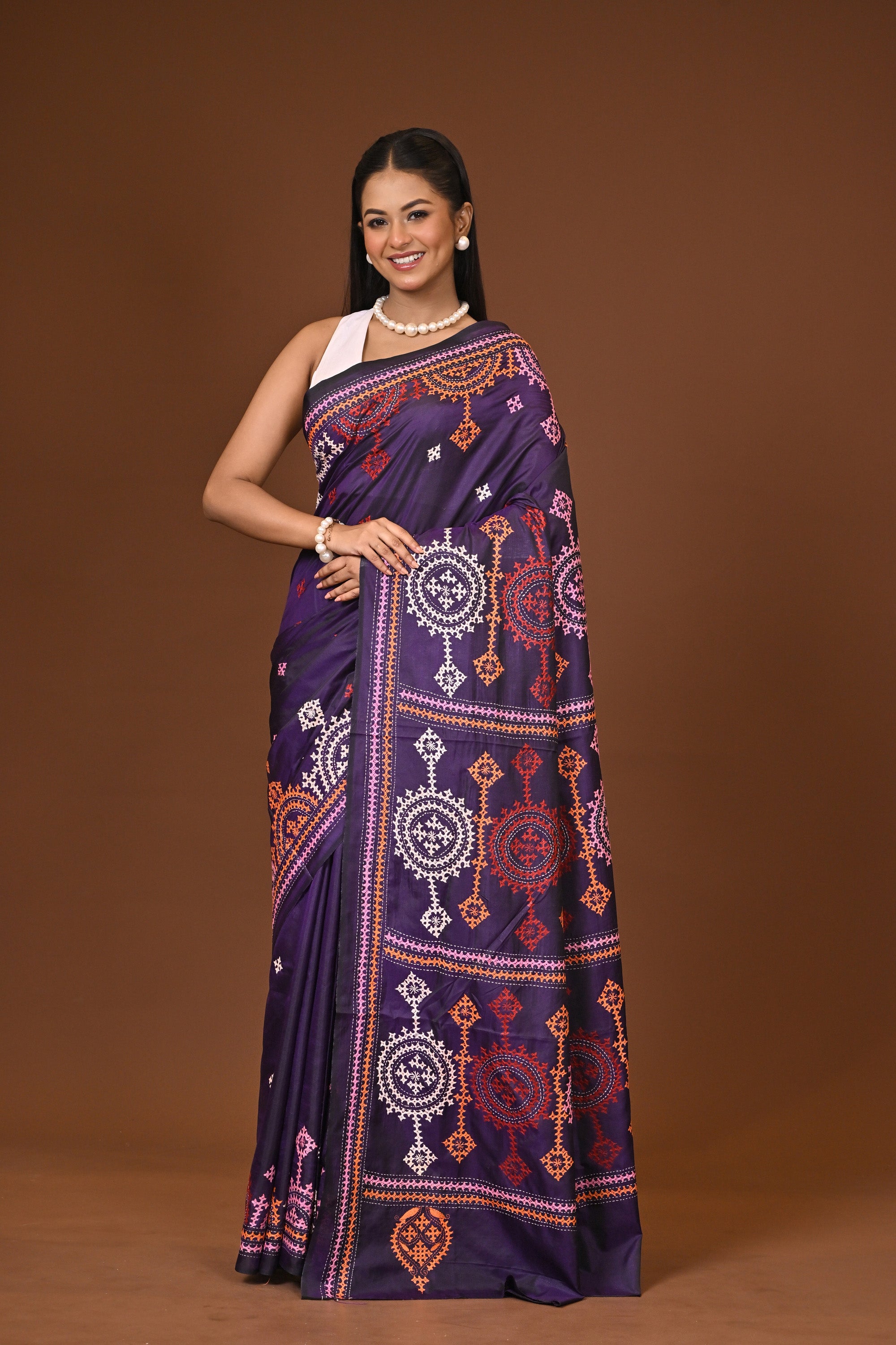 Blended Silk Kantha Stitch Saree Navy Blue Thumbnail