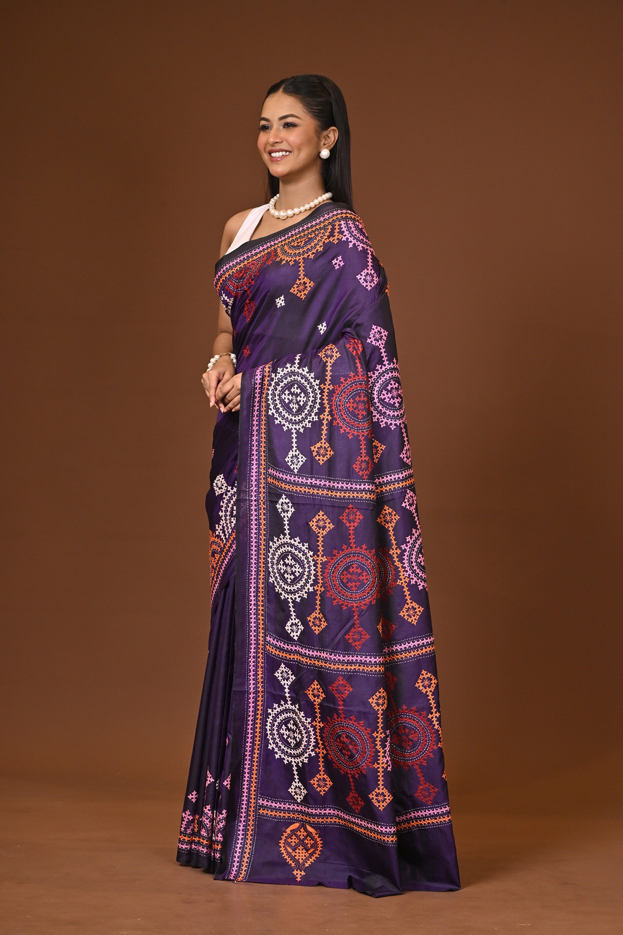 Blended Silk Kantha Stitch Saree Navy Blue Thumbnail