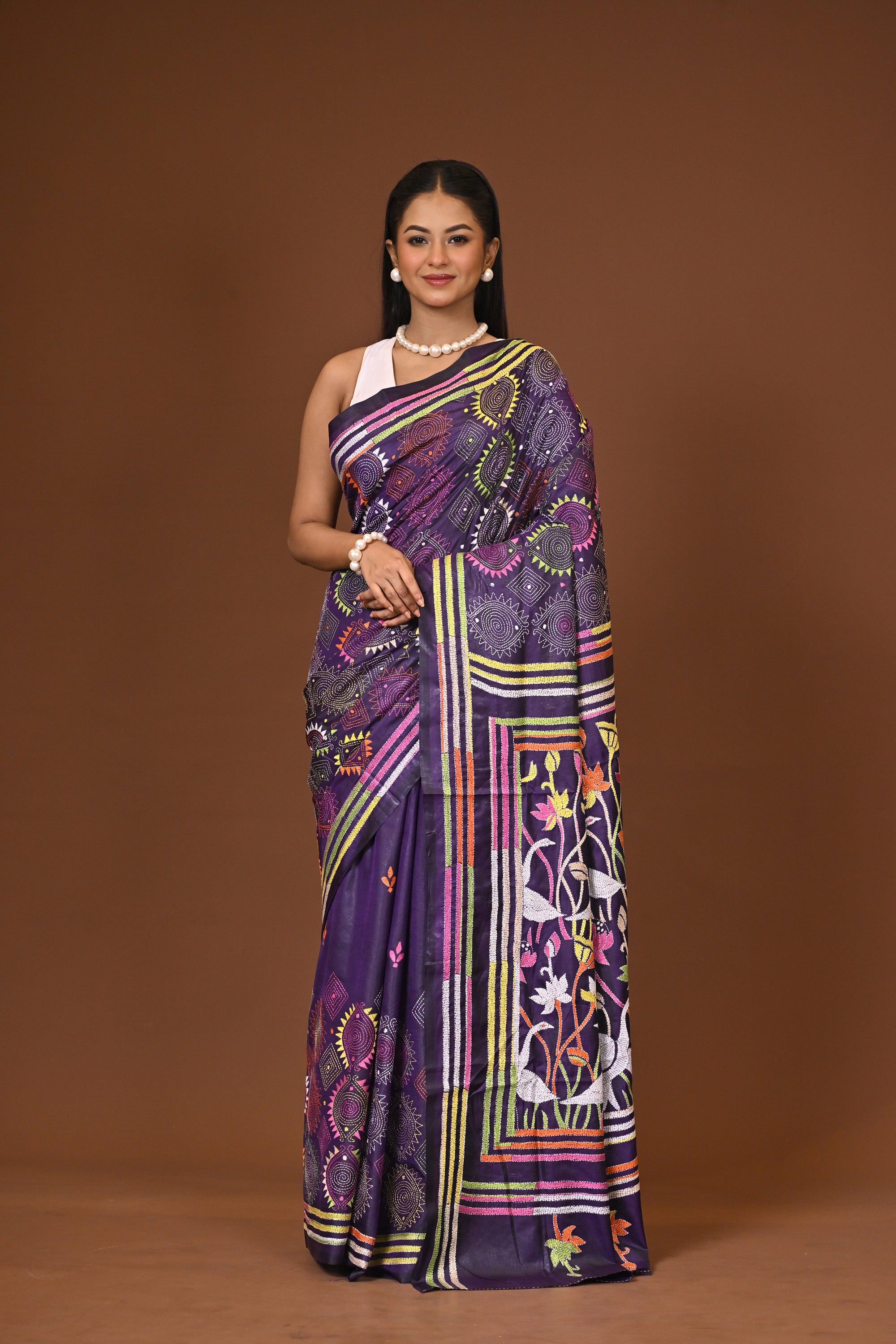Blended Silk Kantha Stitch Saree Navy Blue