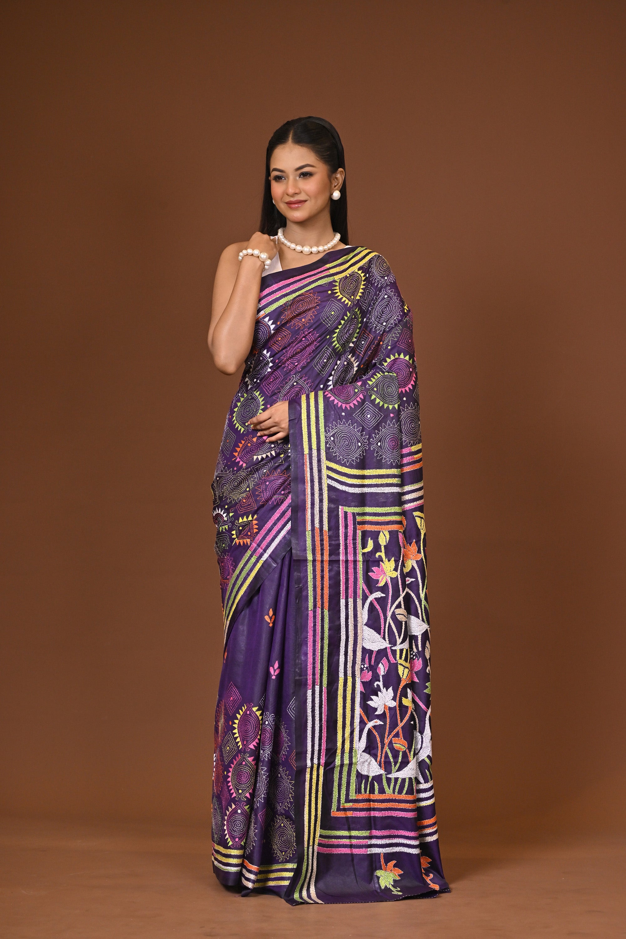 Blended Silk Kantha Stitch Saree Navy Blue Thumbnail