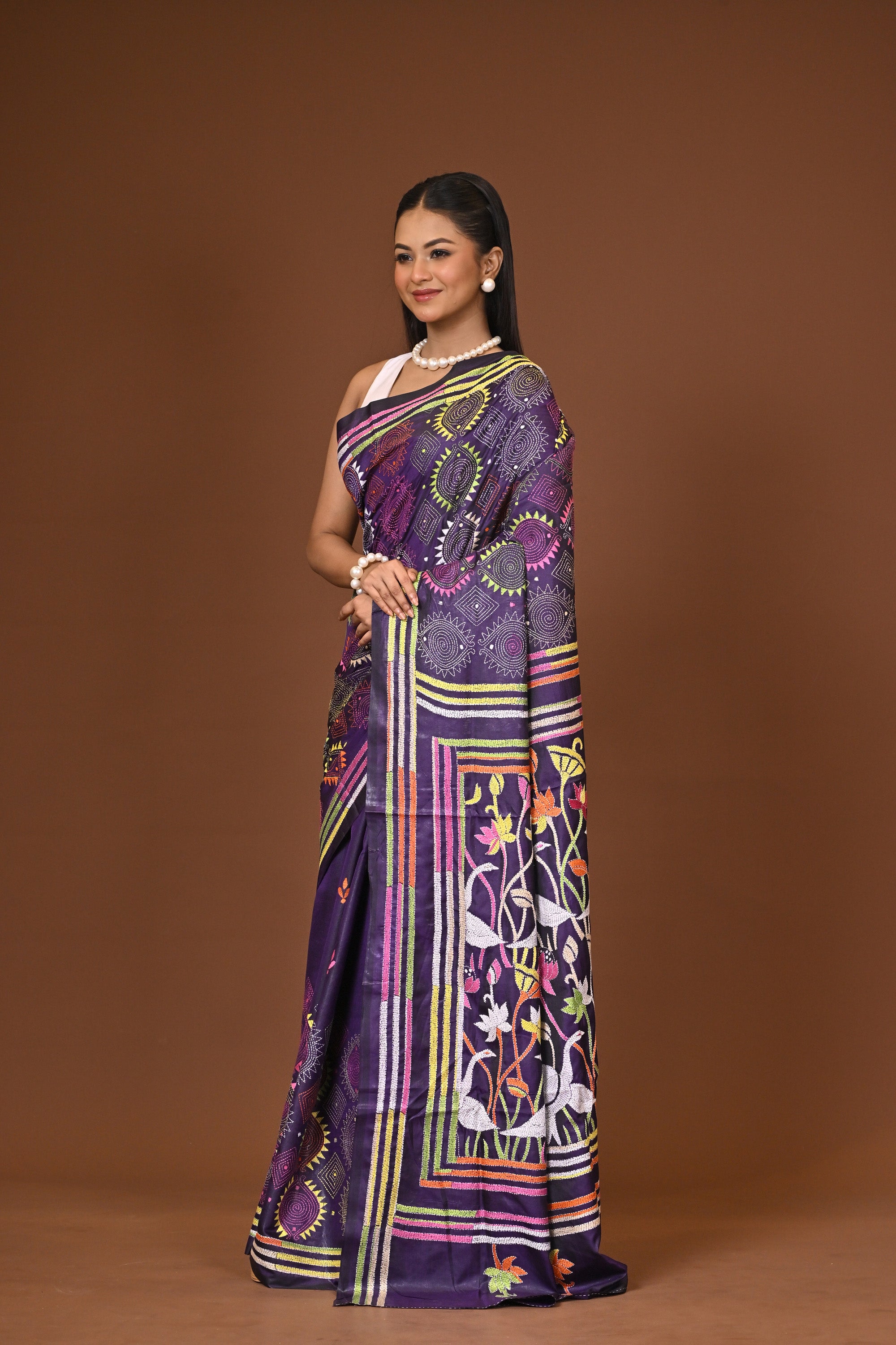 Blended Silk Kantha Stitch Saree Navy Blue Thumbnail