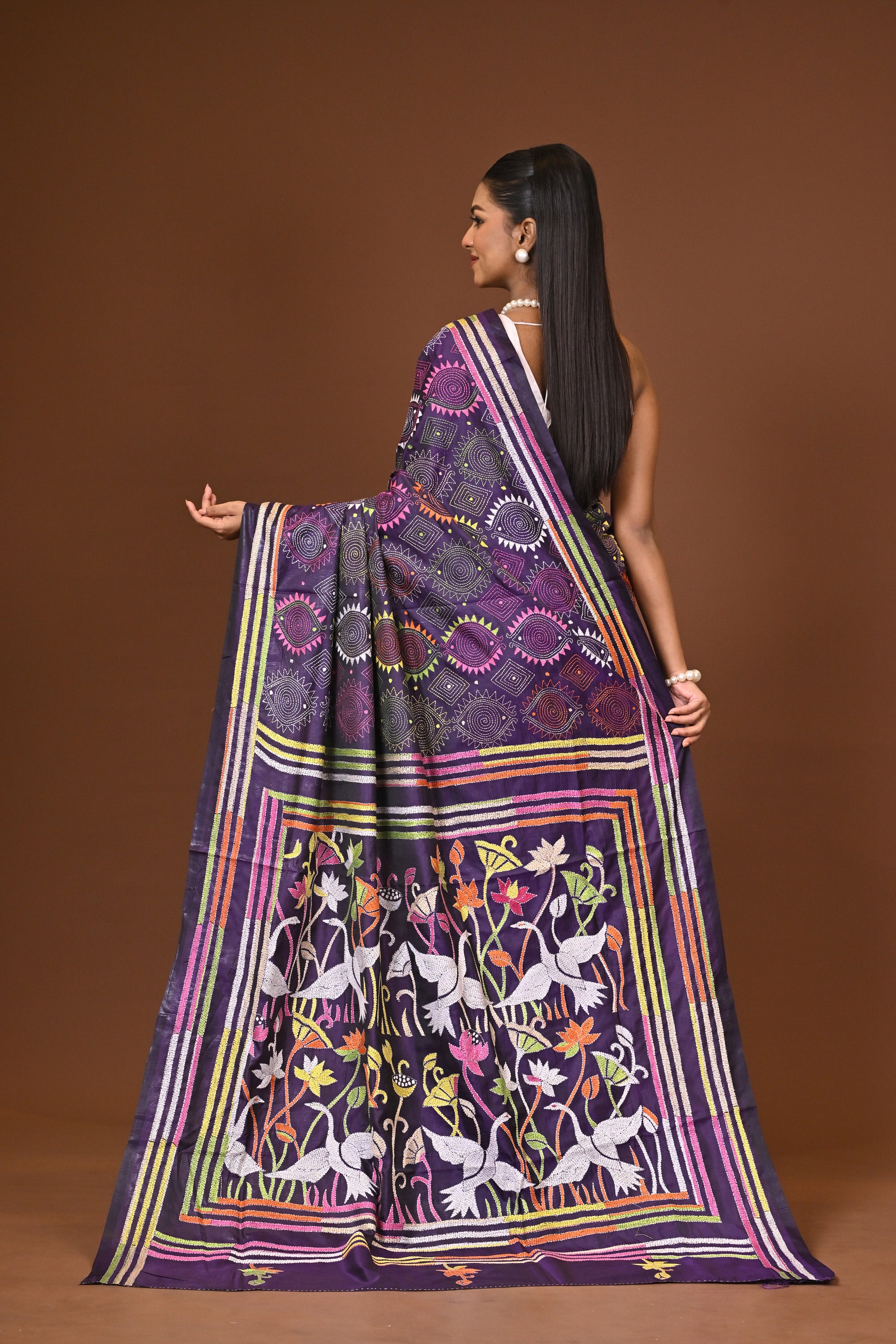 Blended Silk Kantha Stitch Saree Navy Blue Thumbnail