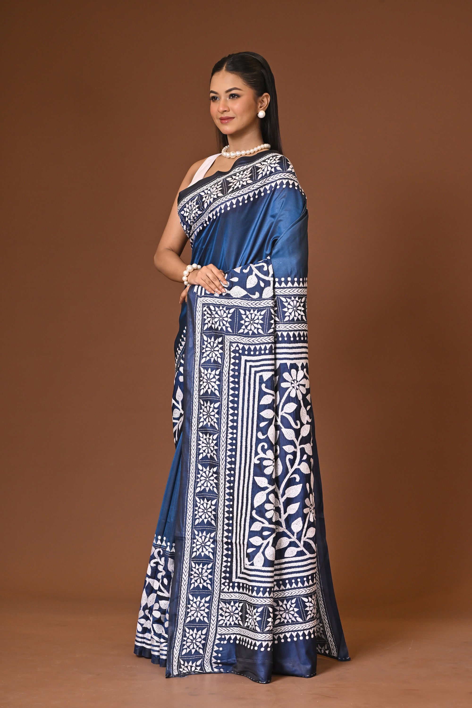 Blended Silk Kantha Stitch Saree Navy Blue Thumbnail