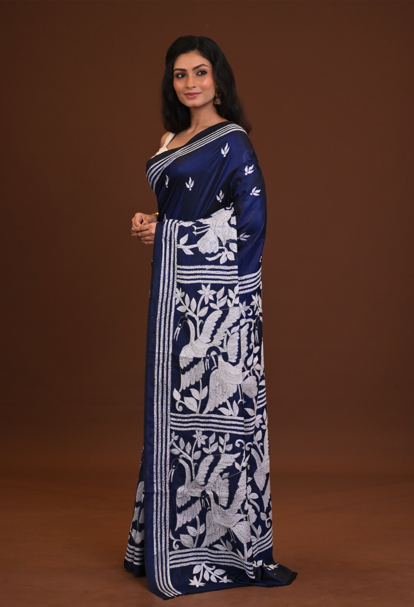 Blended Silk Kantha Stitch Saree Navy Blue Thumbnail