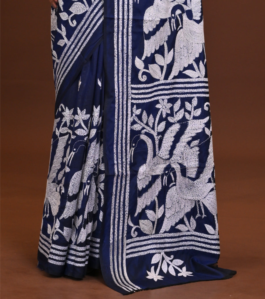 Blended Silk Kantha Stitch Saree Navy Blue Thumbnail