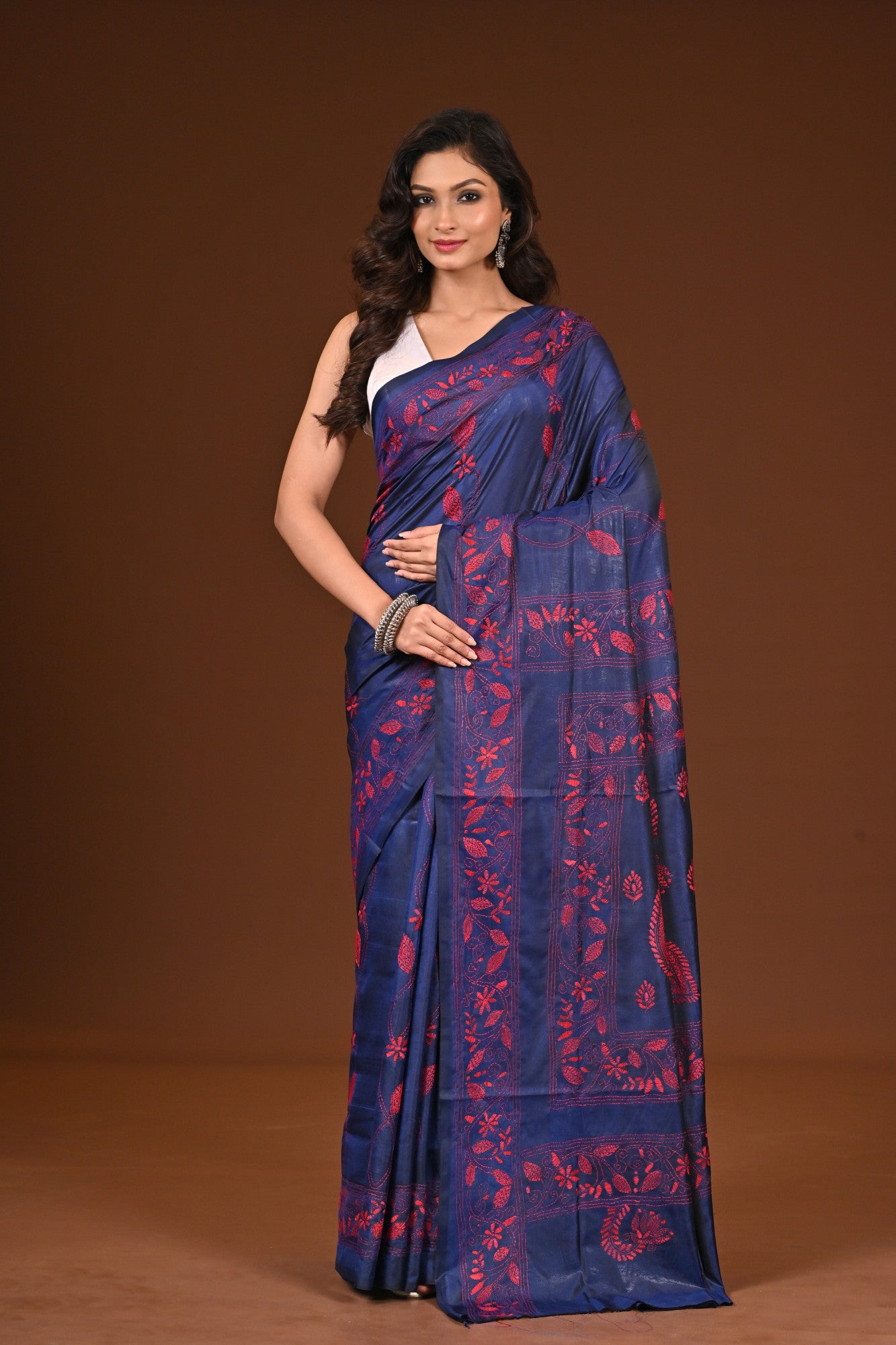 Blended Silk Kantha Stitch Saree Navy Blue