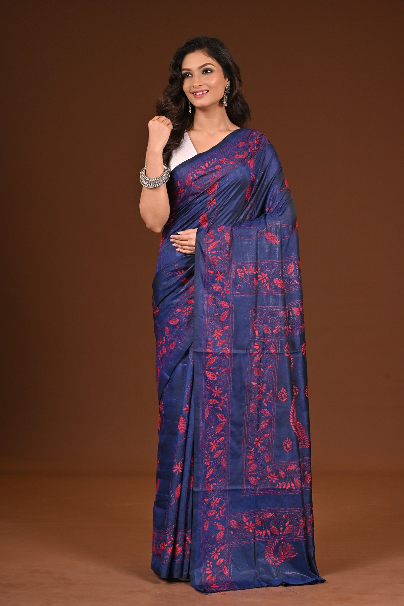 Blended Silk Kantha Stitch Saree Navy Blue Thumbnail
