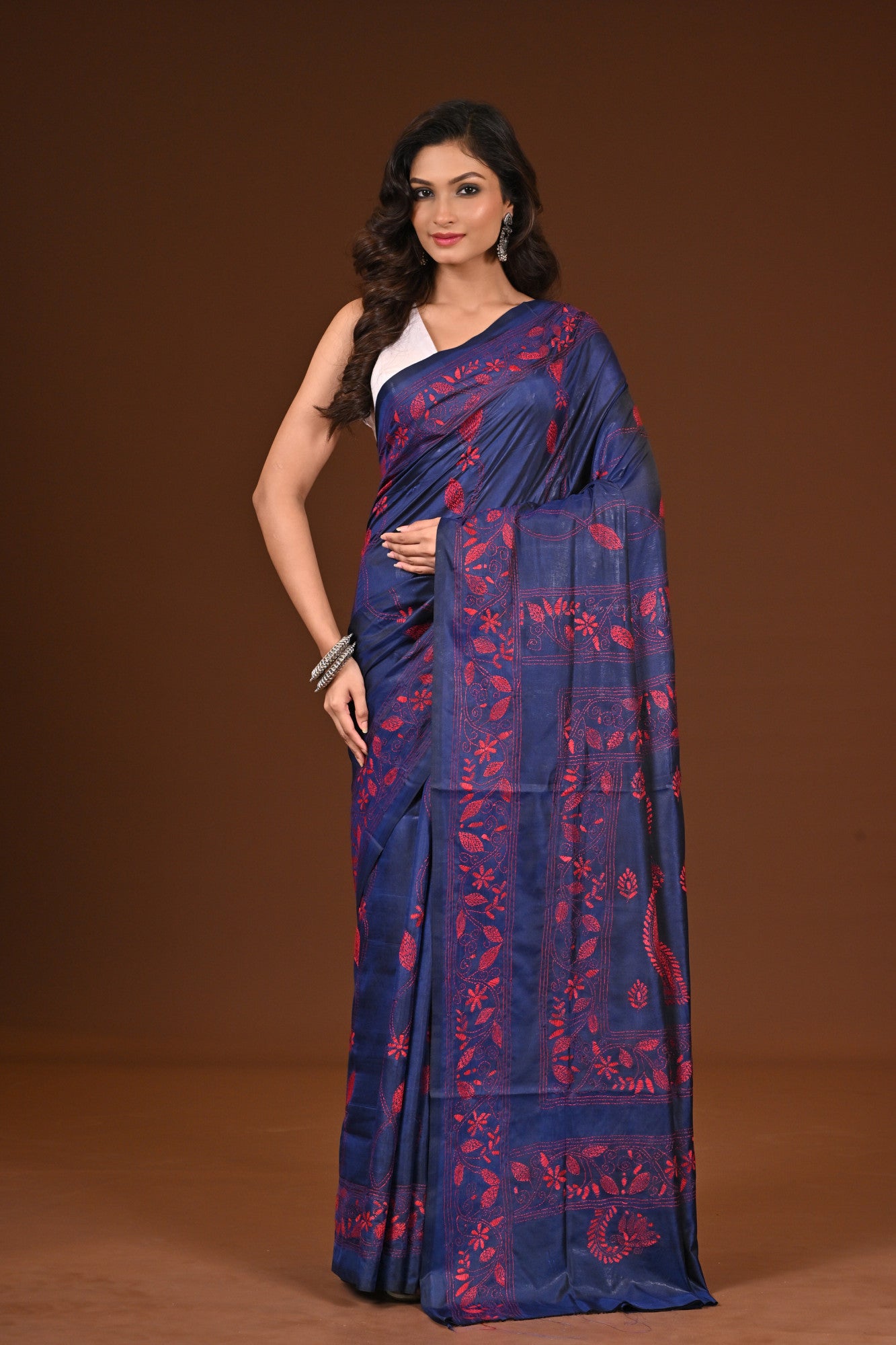 Blended Silk Kantha Stitch Saree Navy Blue Thumbnail