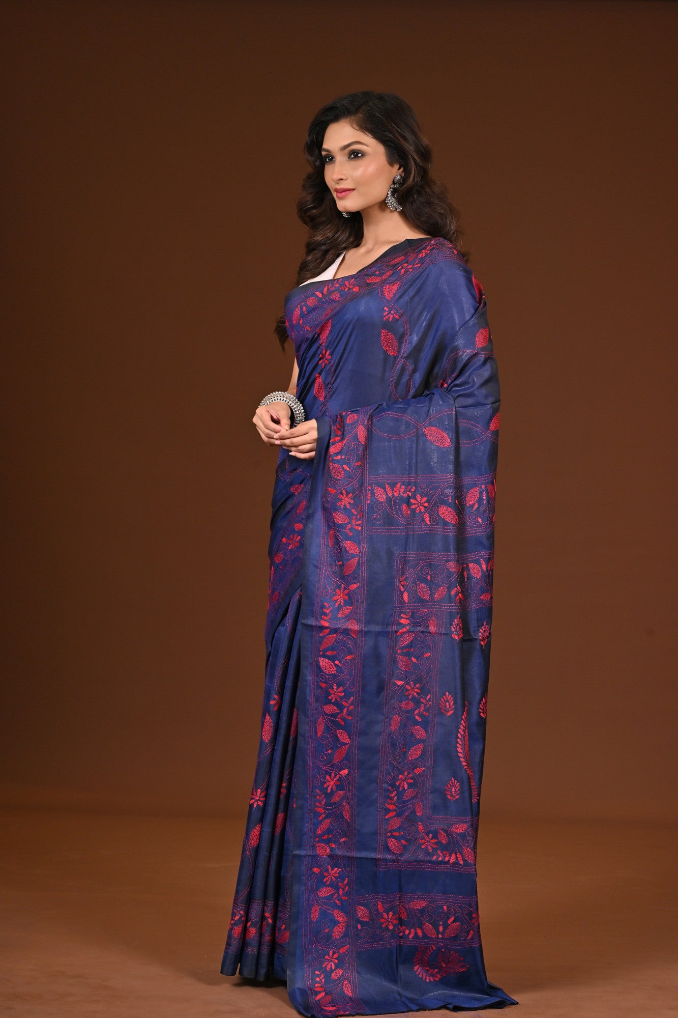 Blended Silk Kantha Stitch Saree Navy Blue Thumbnail