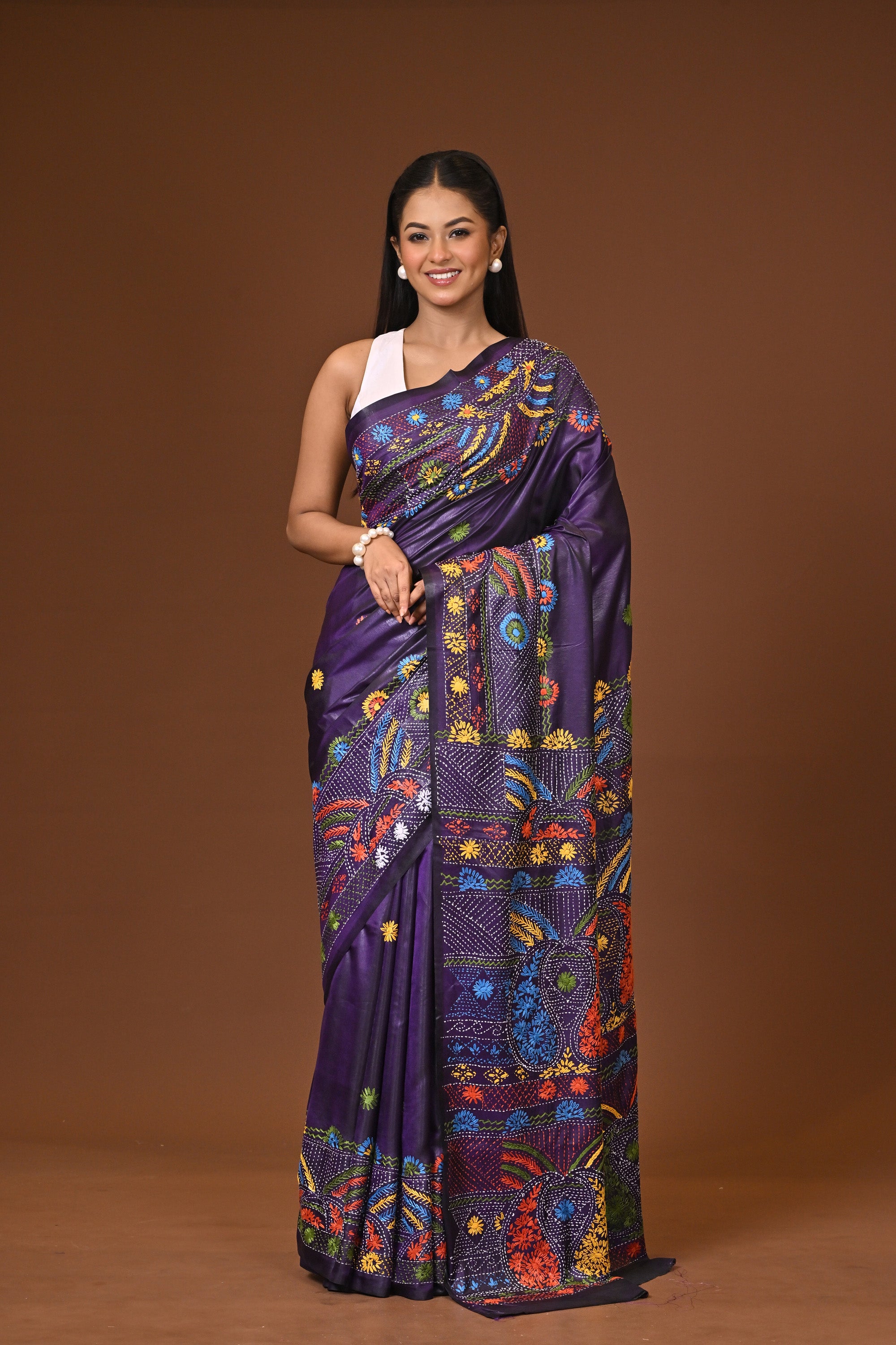 Blended Silk Kantha Stitch Saree Navy Blue Thumbnail