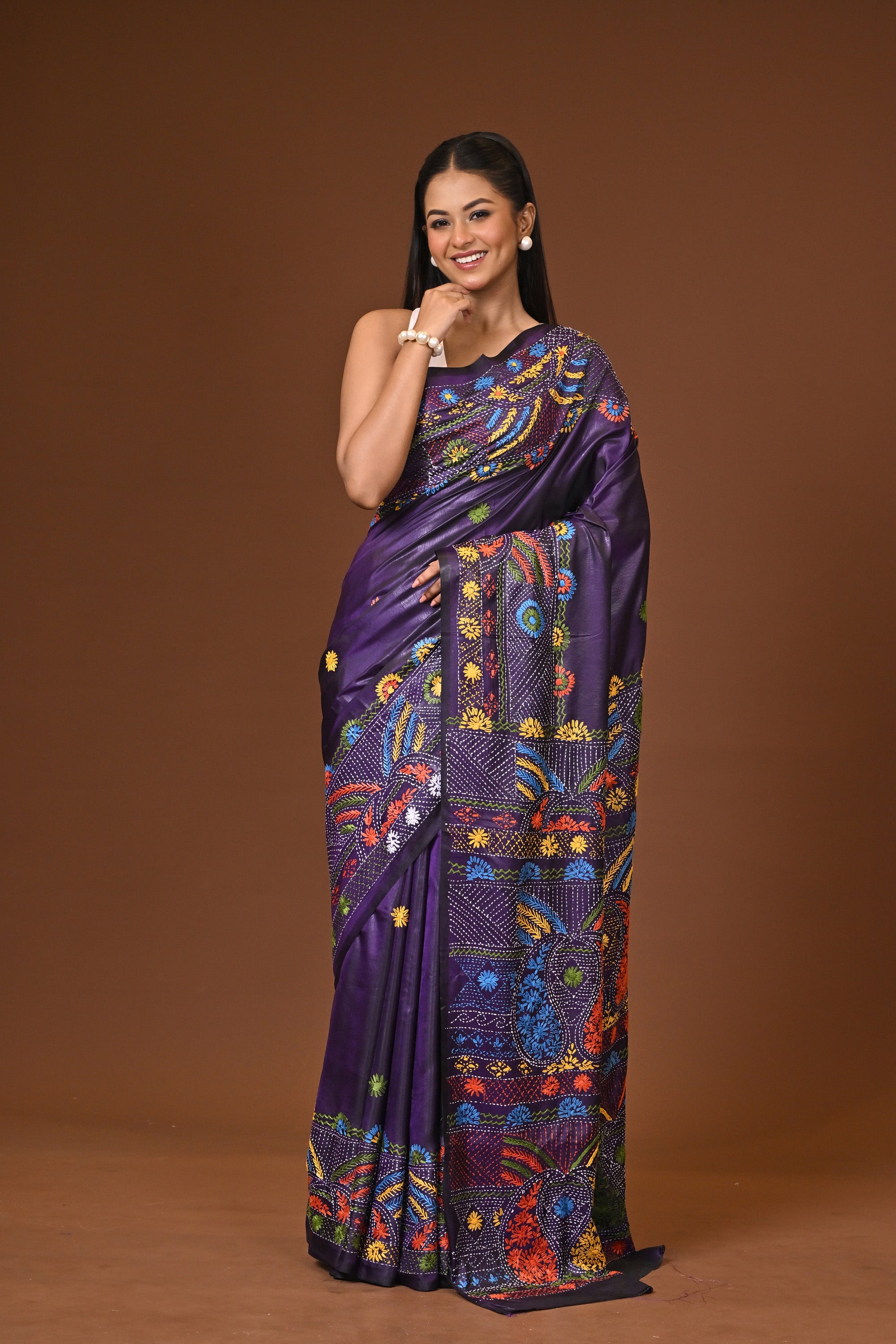 Blended Silk Kantha Stitch Saree Navy Blue Thumbnail