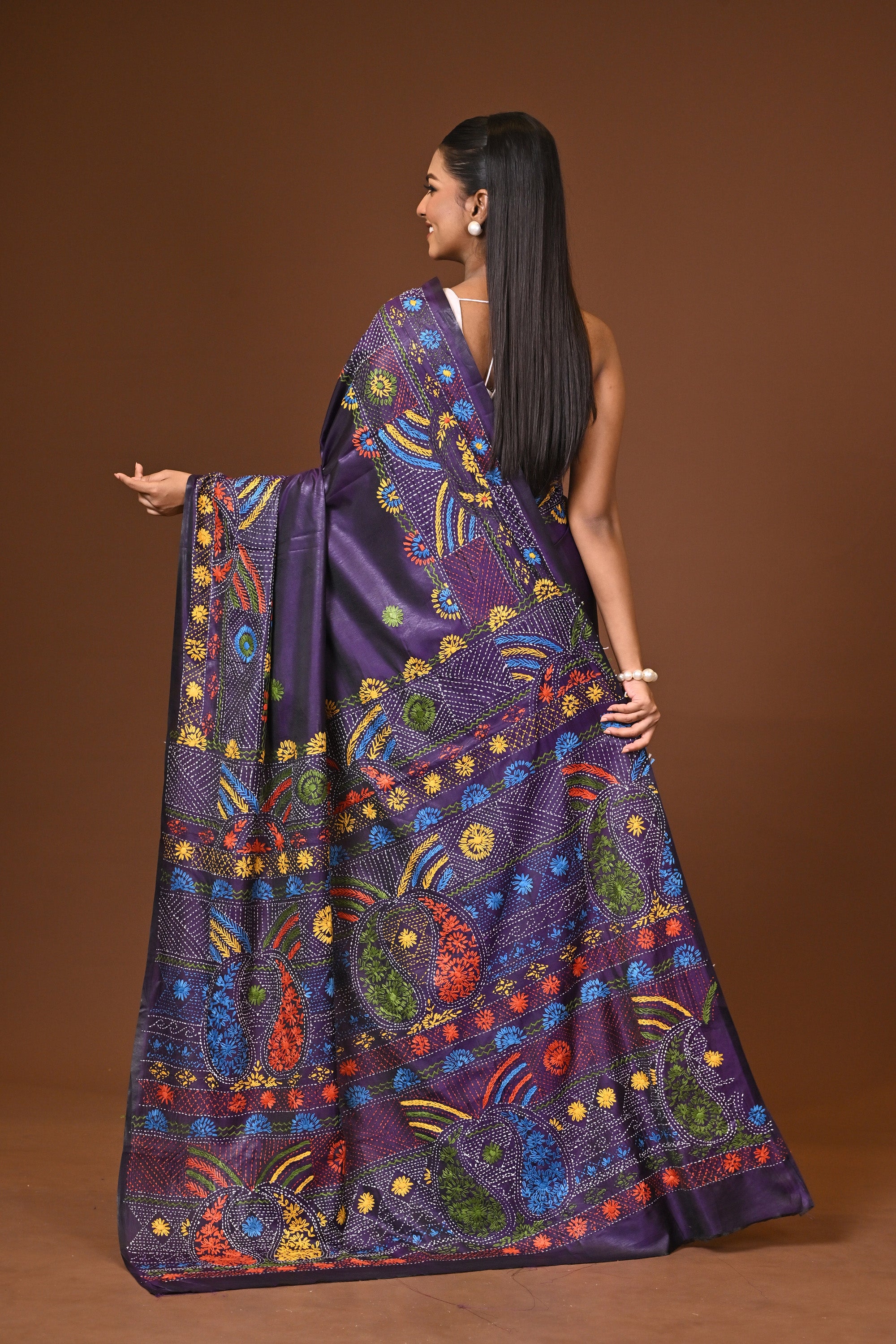 Blended Silk Kantha Stitch Saree Navy Blue Thumbnail