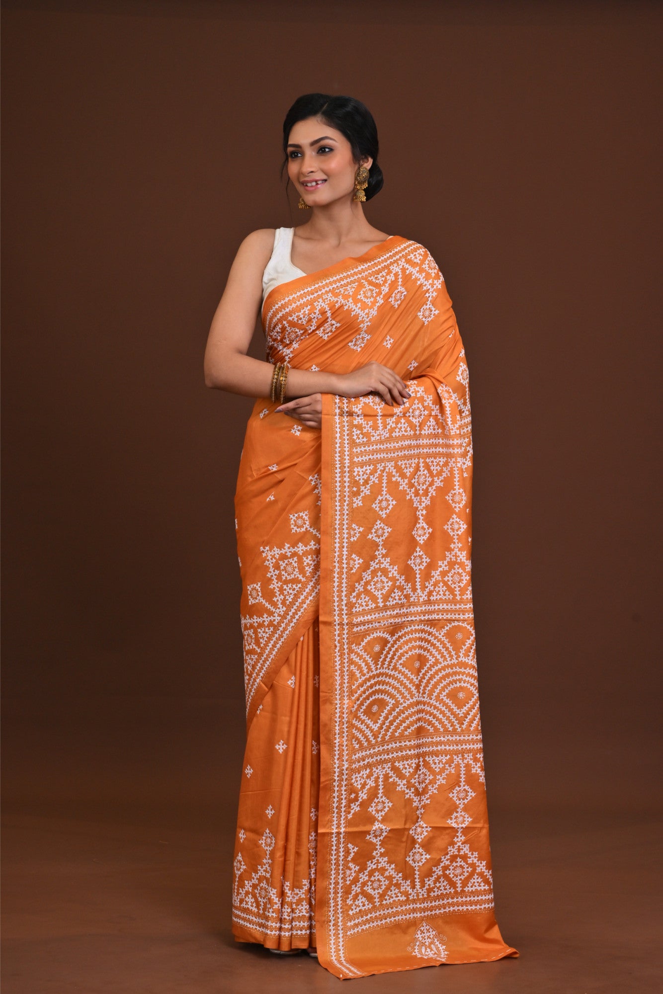 Blended Silk Kantha Stitch Saree Orange Thumbnail